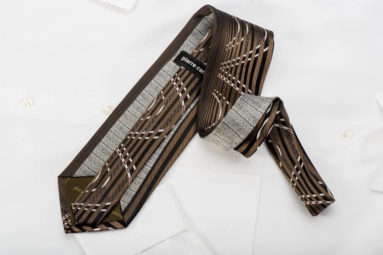 Pierre Cardin Men's Silk Tie Vertical Stripes On Brown With Silver Sparkles - Image 5