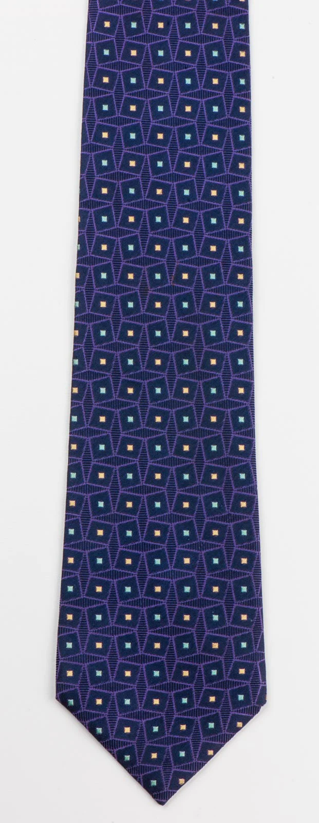 Pierre Cardin Men's Woven Silk Tie Purple Geometric Design On Blue - Image 2