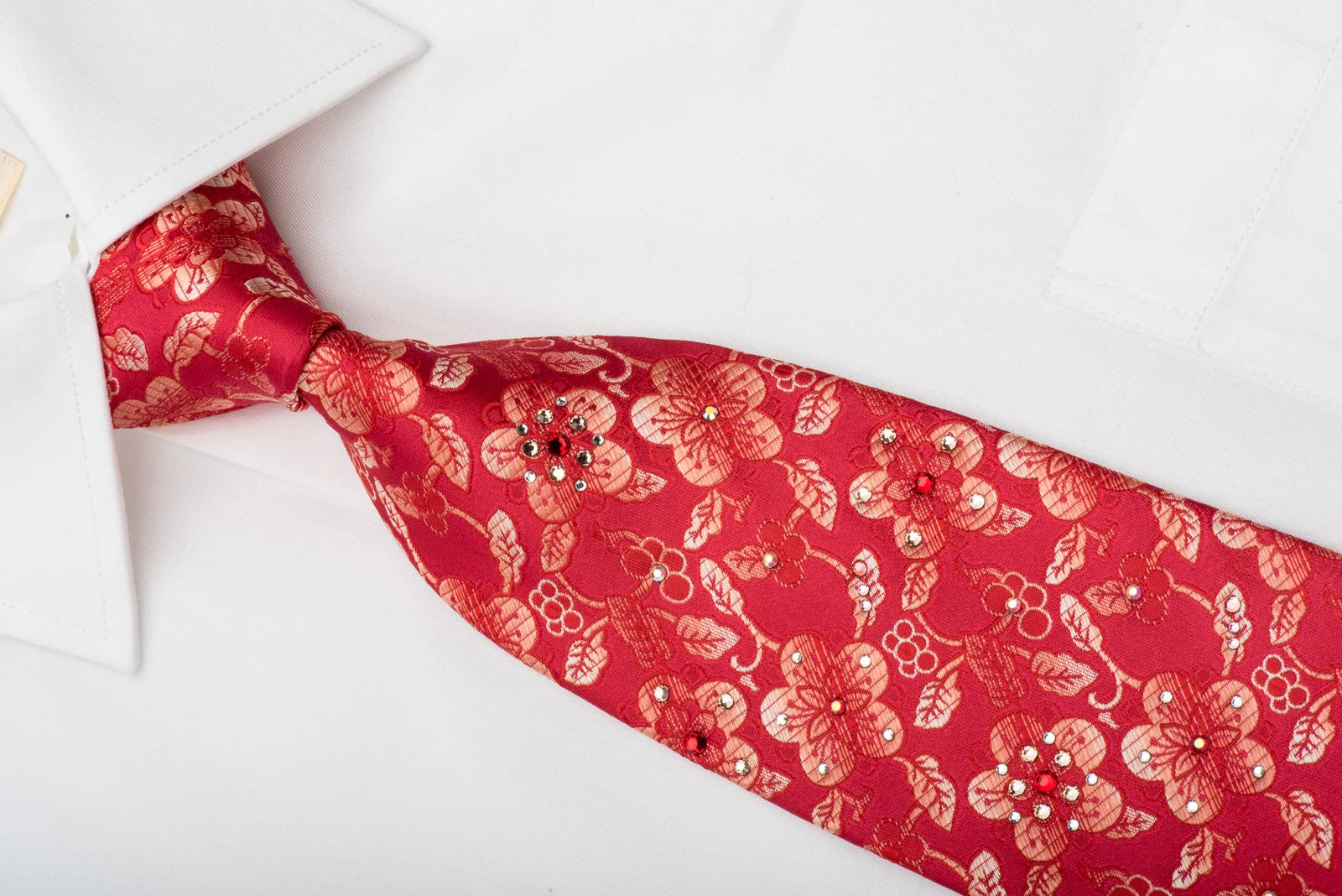 Pierre Cardin Mens Silk Necktie Floral On Red Sparkling With Rhinestones - Image 2