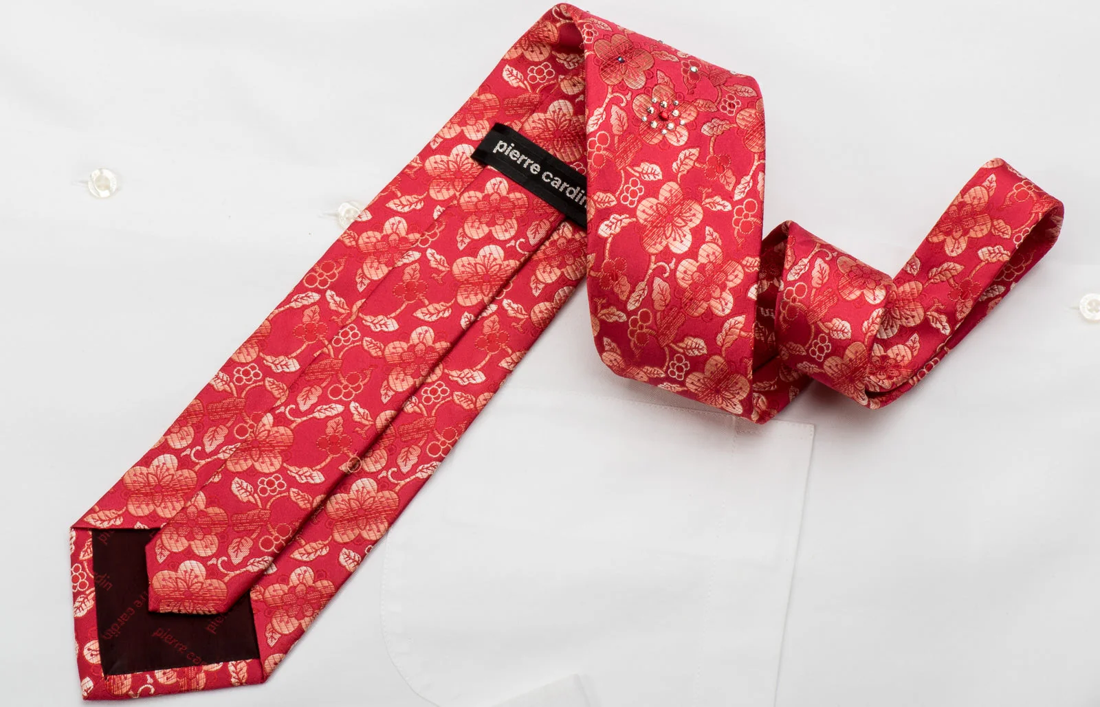 Pierre Cardin Mens Silk Necktie Floral On Red Sparkling With Rhinestones - Image 5