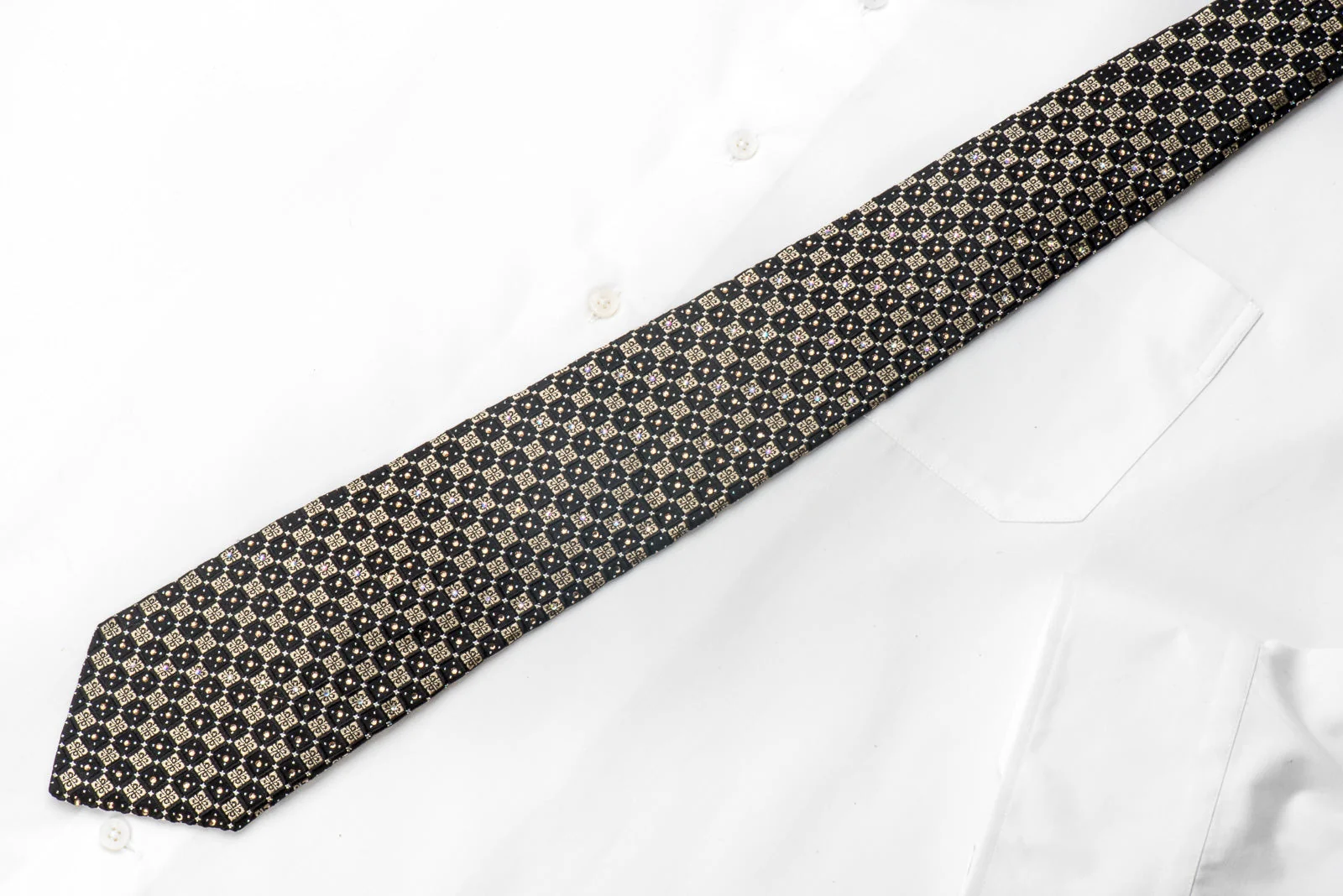 Pierre Cardin Mens Silk Necktie Gold Black Ornate Checkered Sparkling With Gold Rhinestones - Image 5