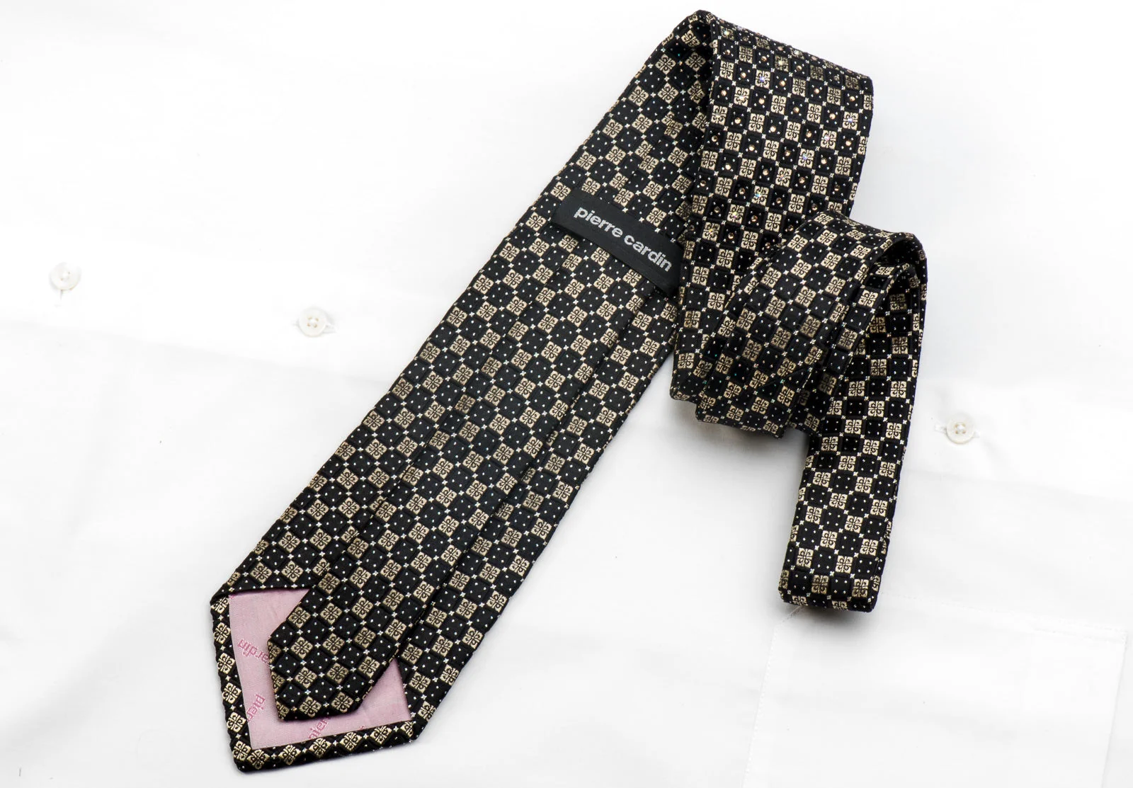 Pierre Cardin Mens Silk Necktie Gold Black Ornate Checkered Sparkling With Gold Rhinestones - Image 6