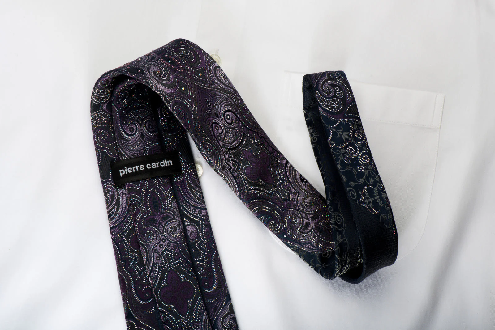 Pierre Cardin Rhinestone Necktie Damask On Dark Purple With Silver Sparkles - Image 2