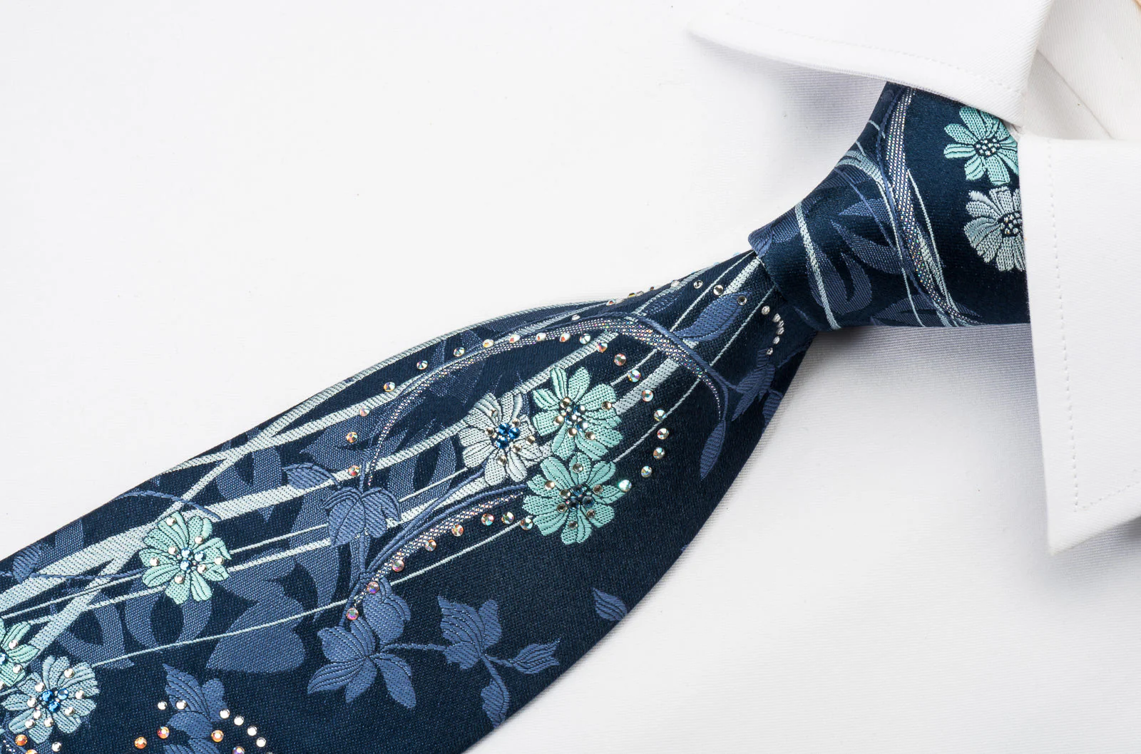 Pierre Cardin Rhinestone Necktie Floral On Blue With Silver Sparkles - Image 5