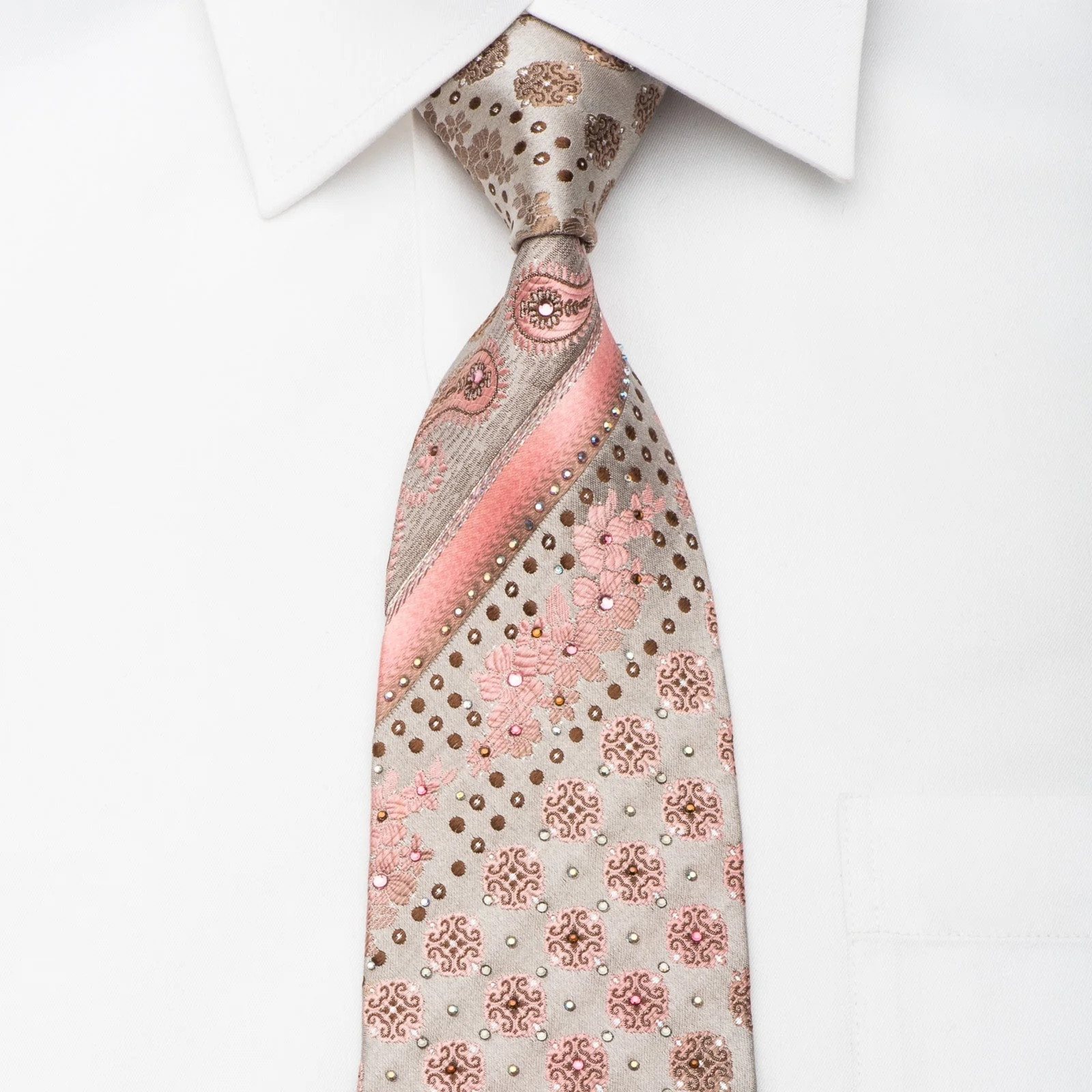 Pierre Cardin Mens Rhinestone Necktie Pink Floral Paisley On Silver Silk With Sparkles