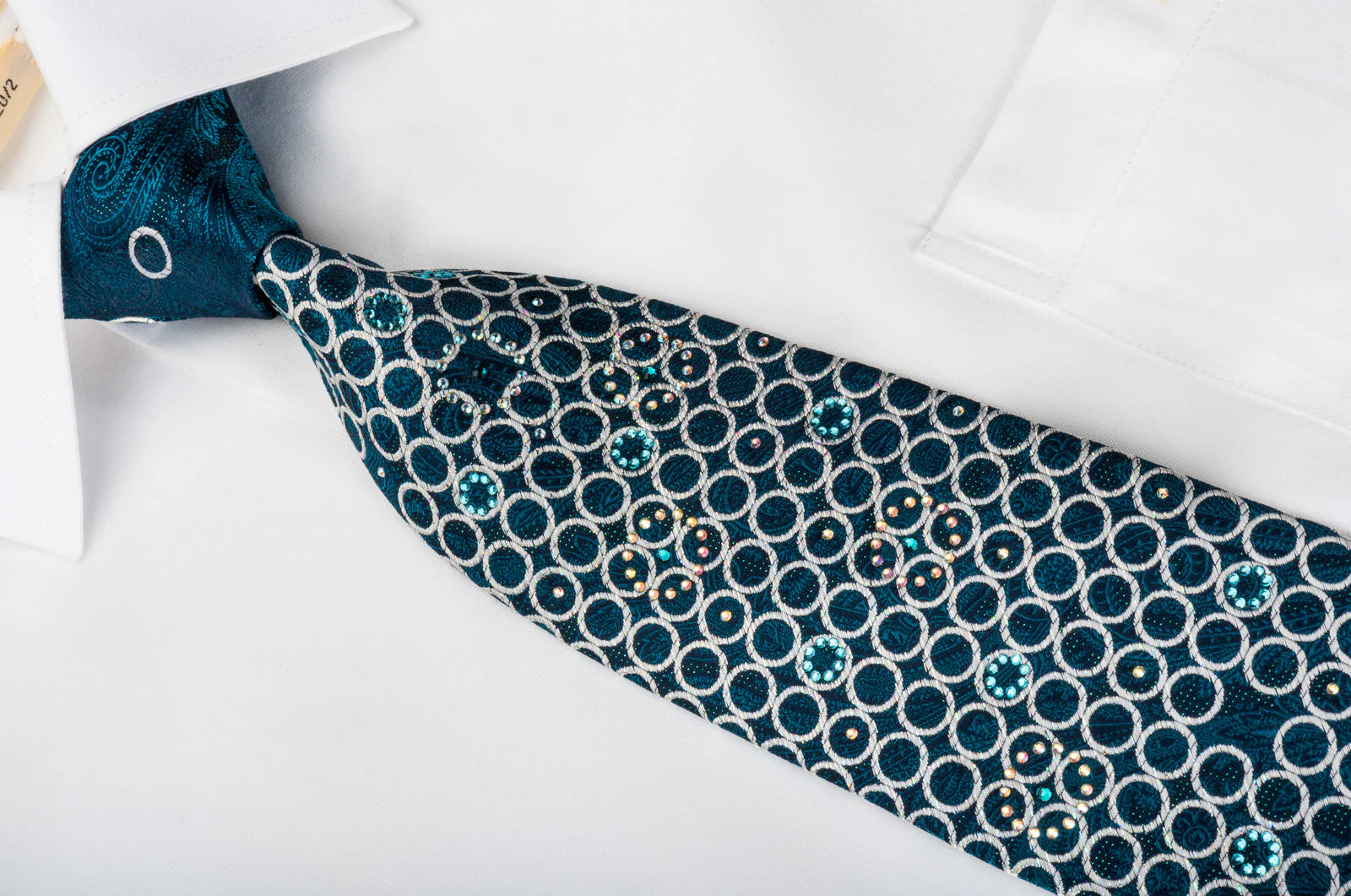 Pierre Cardin Rhinestone Necktie Silver Circles & Turquoise Paisley On Navy With Sparkles - Image 2