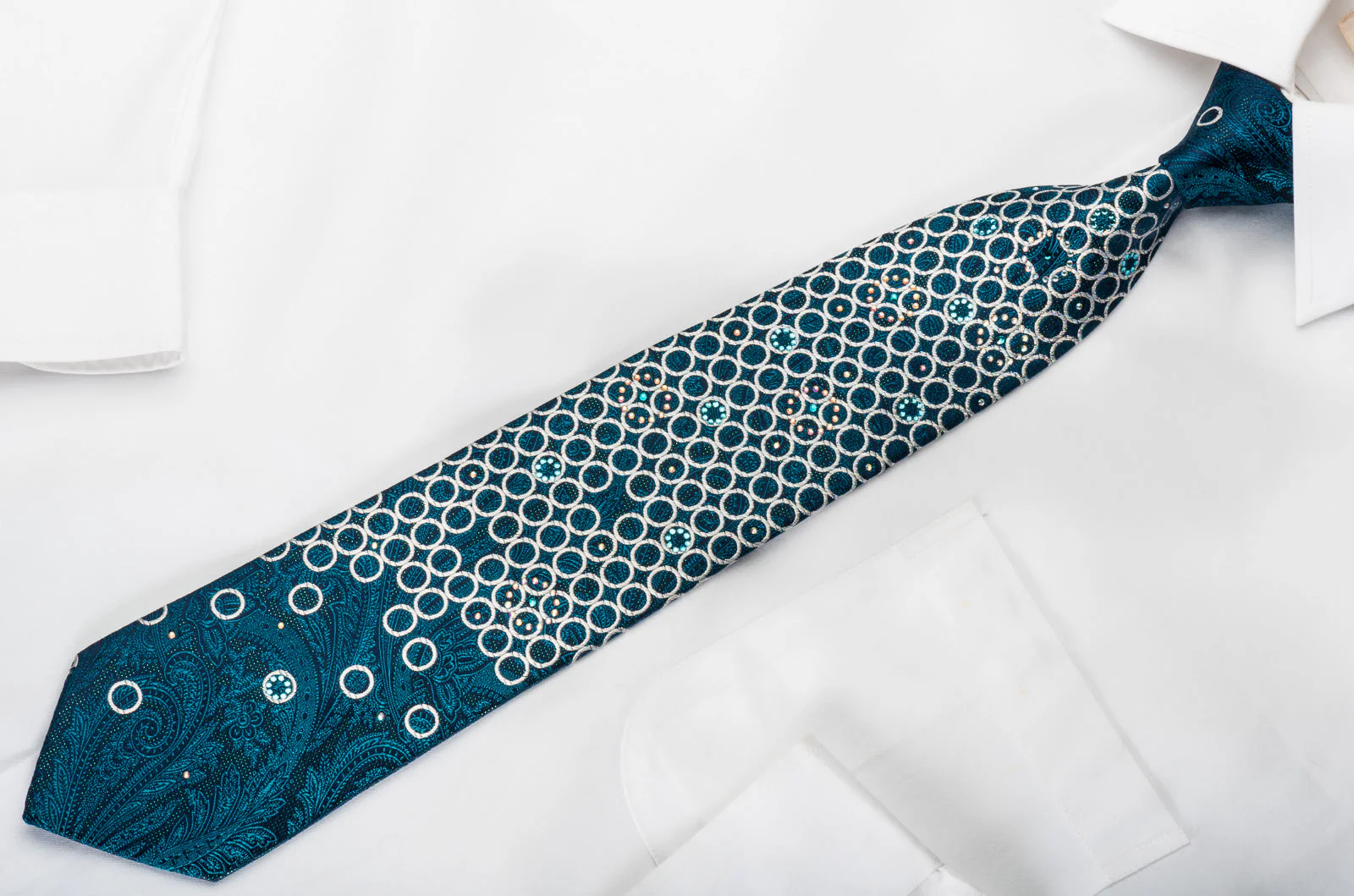 Pierre Cardin Rhinestone Necktie Silver Circles & Turquoise Paisley On Navy With Sparkles - Image 3
