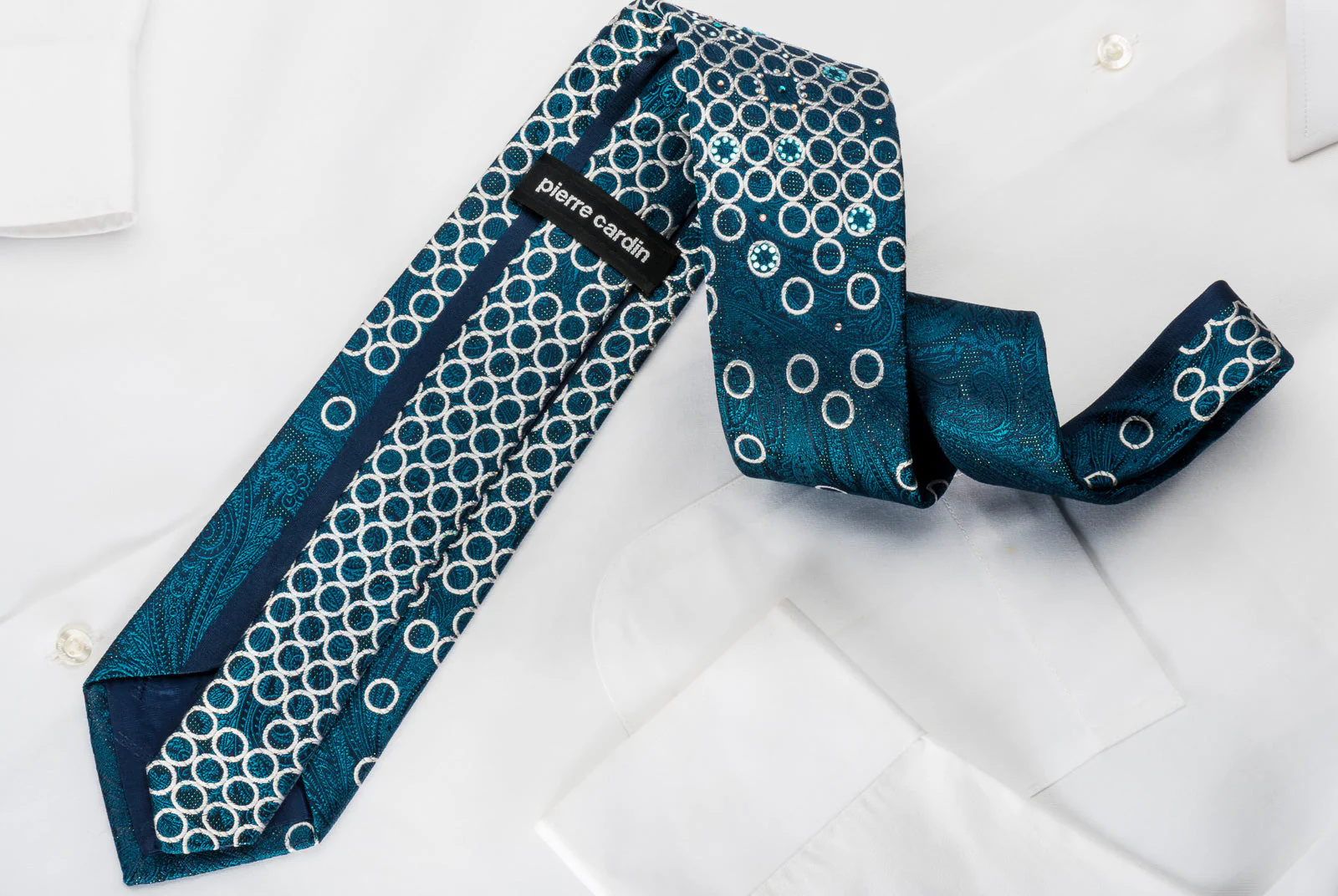 Pierre Cardin Rhinestone Necktie Silver Circles & Turquoise Paisley On Navy With Sparkles - Image 4