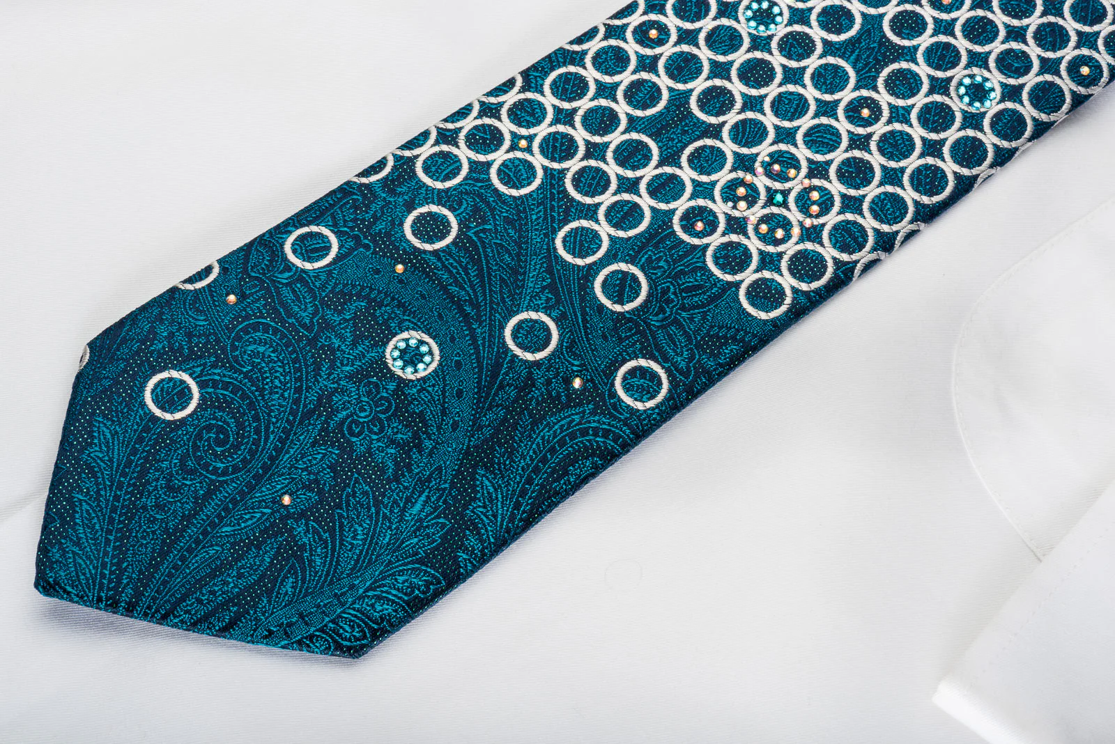 Pierre Cardin Rhinestone Necktie Silver Circles & Turquoise Paisley On Navy With Sparkles - Image 5