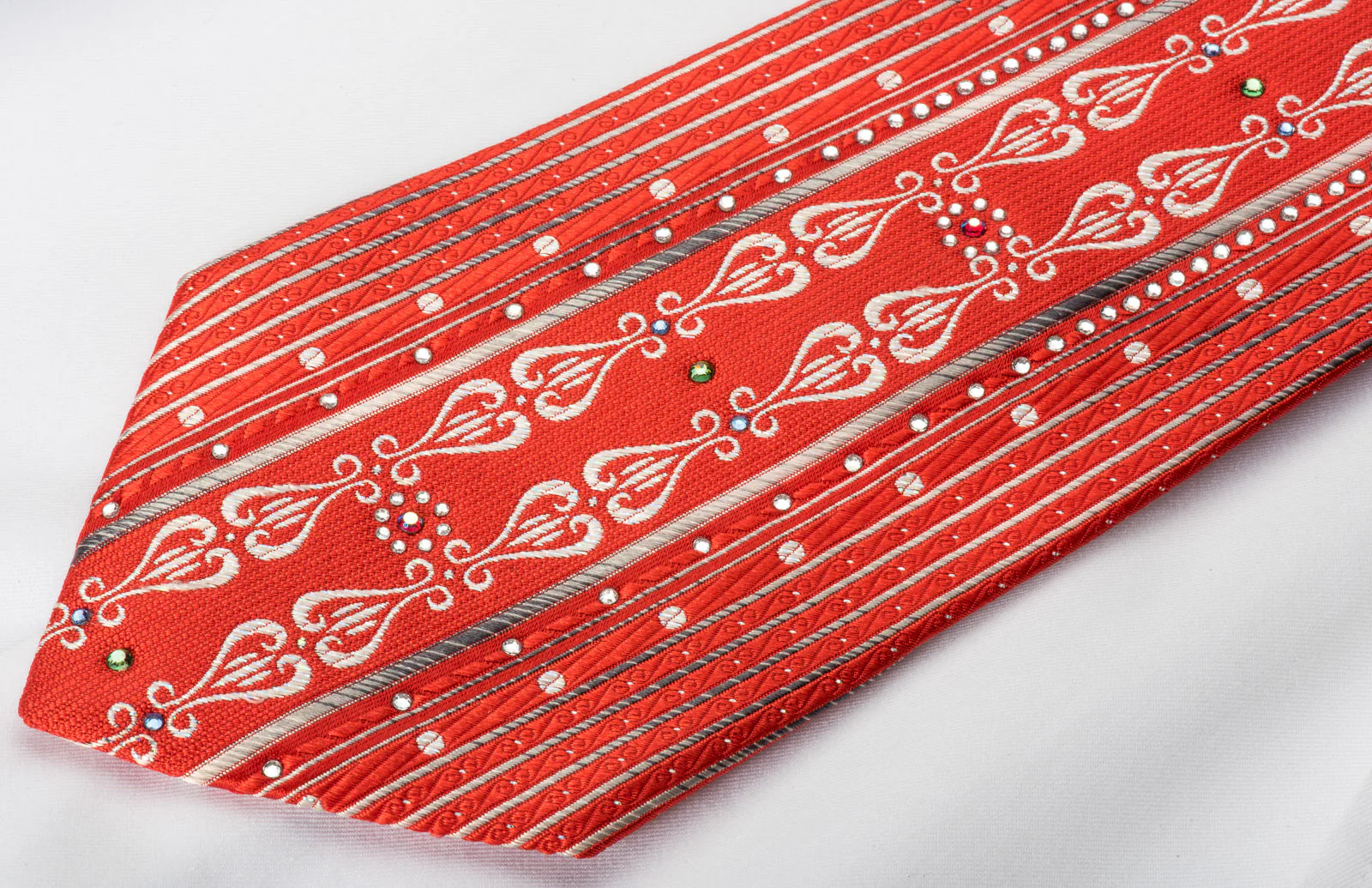 Pierre Cardin Rhinestone Necktie Vertical Silver Stripes On Red With Silver Sparkles - Image 5