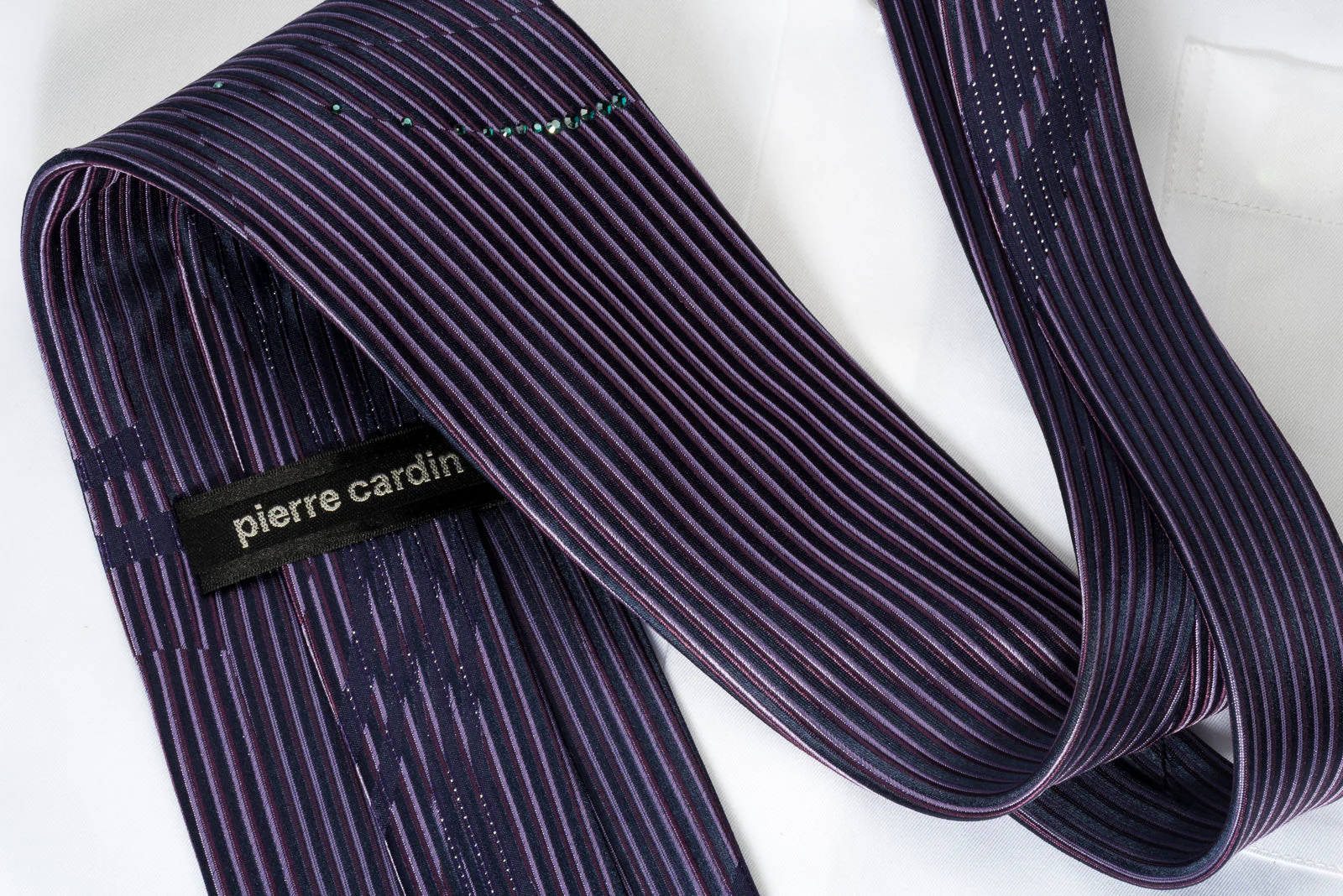Pierre Cardin Rhinestone Necktie Vertical Stripes On Purple With Silver Sparkles - Image 3