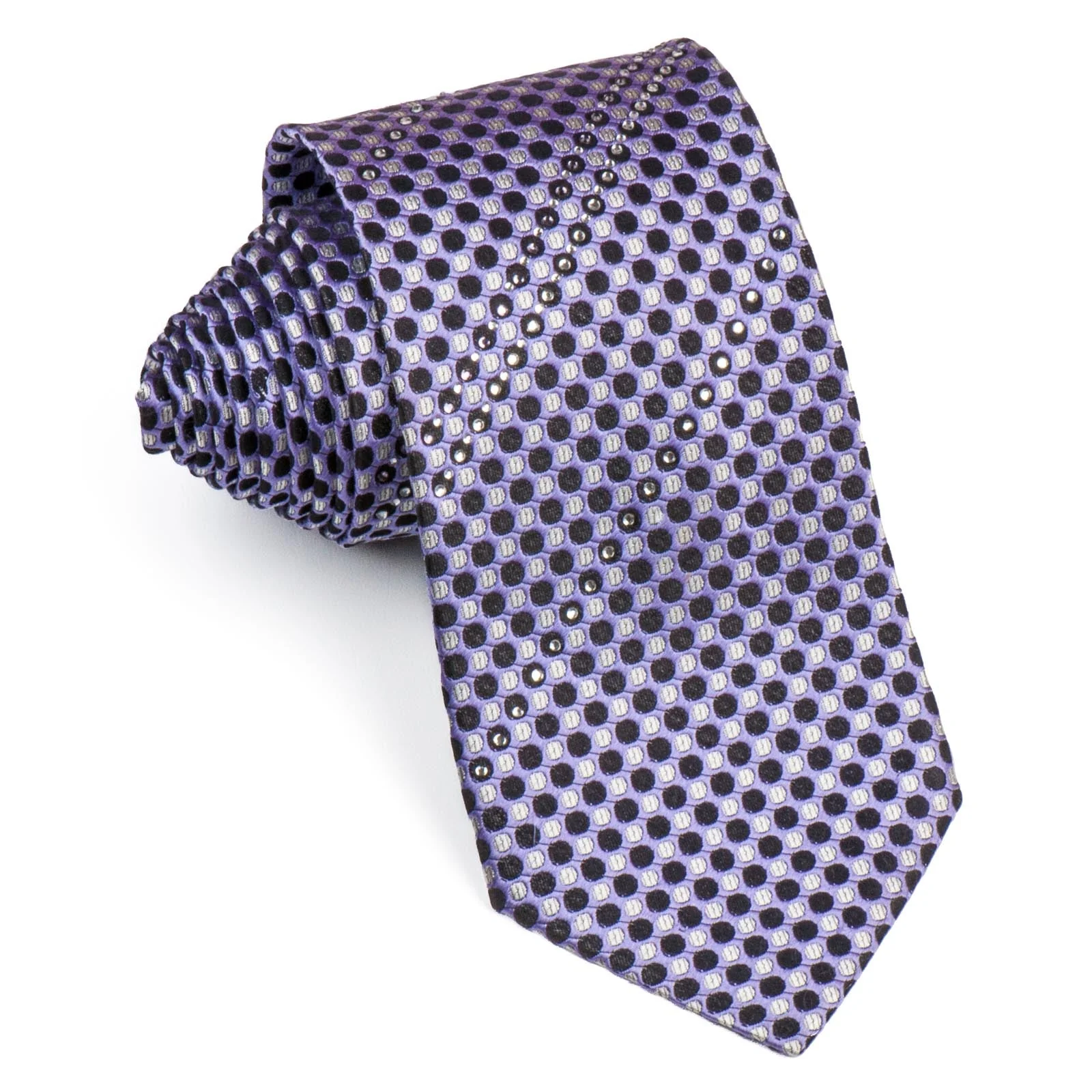 Pierre Cardin Rhinestone Silk Neck Tie Black Silver Dots On Mauve 3 1/4 Inch