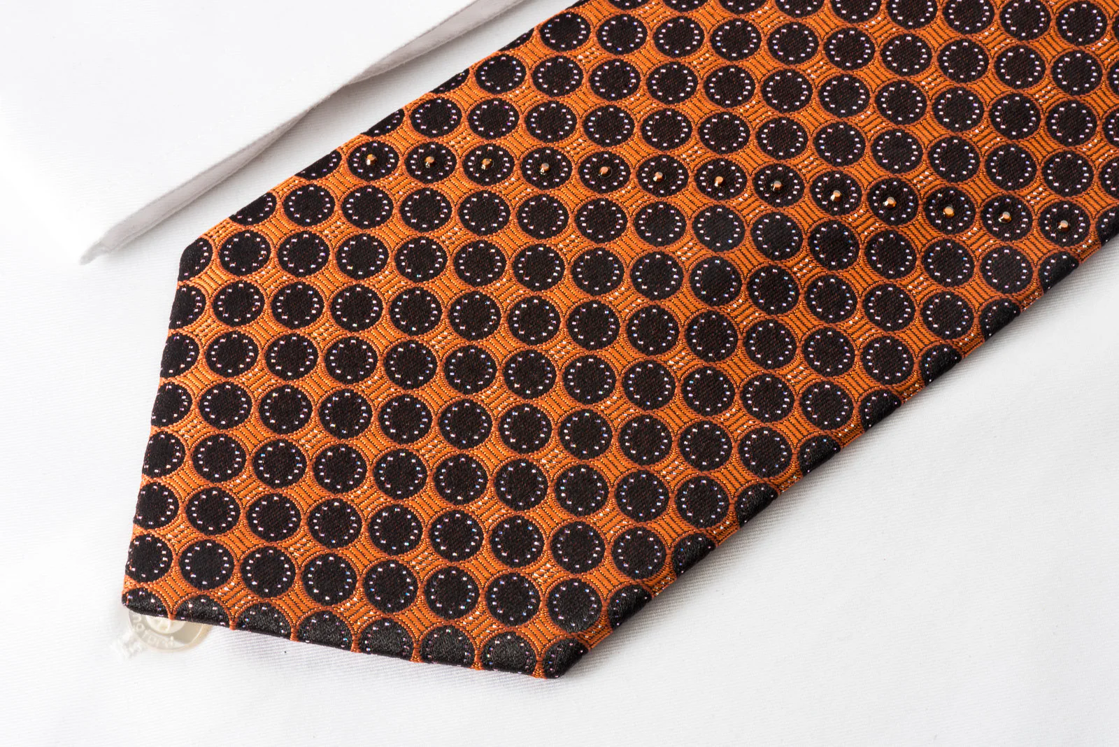 Pierre Cardin Rhinestone Silk Necktie Black Dots On Orange With Silver Sparkles - Image 5