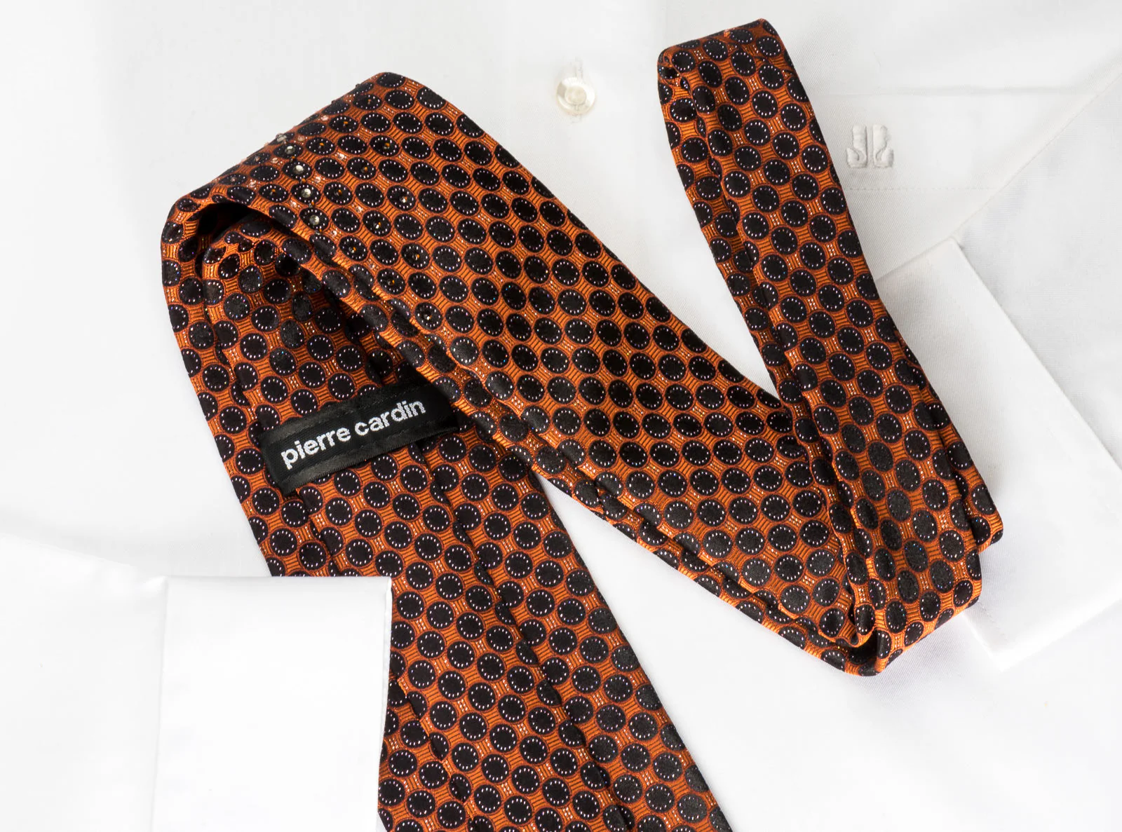 Pierre Cardin Rhinestone Silk Necktie Black Dots On Orange With Silver Sparkles - Image 6