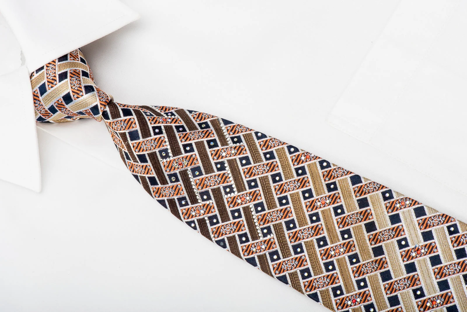 Pierre Cardin Rhinestone Silk Necktie Brown Beige Orange Weave On Navy - Image 2