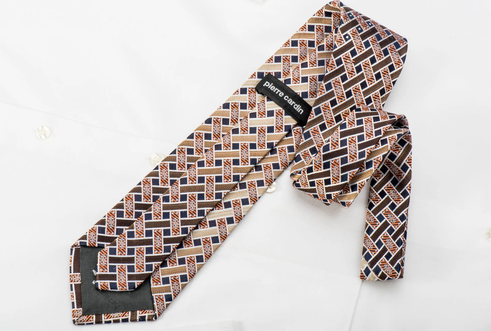 Pierre Cardin Rhinestone Silk Necktie Brown Beige Orange Weave On Navy - Image 3