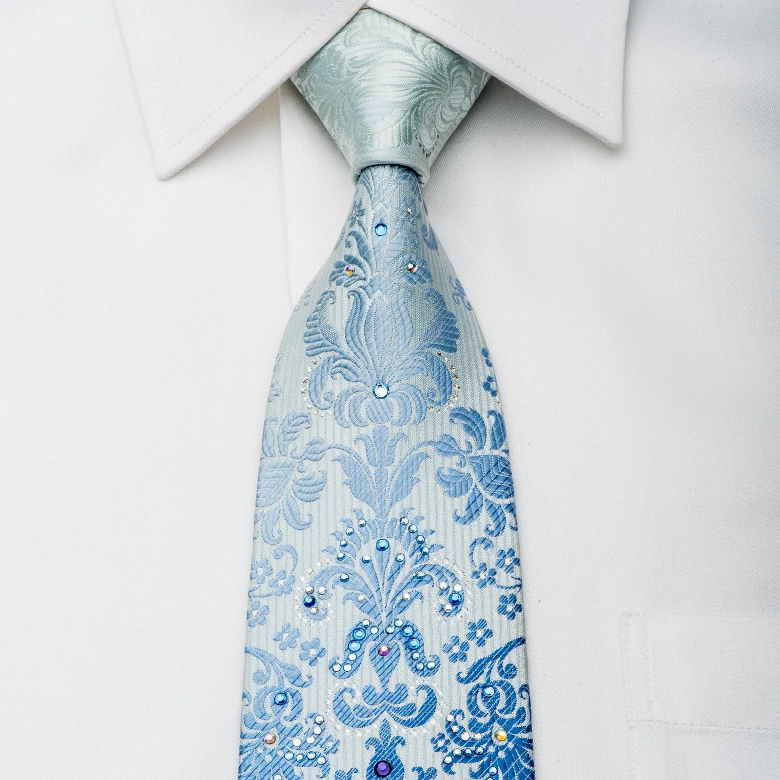 Pierre Cardin Rhinestone Silk Necktie Damask On Blue With Silver Sparkles