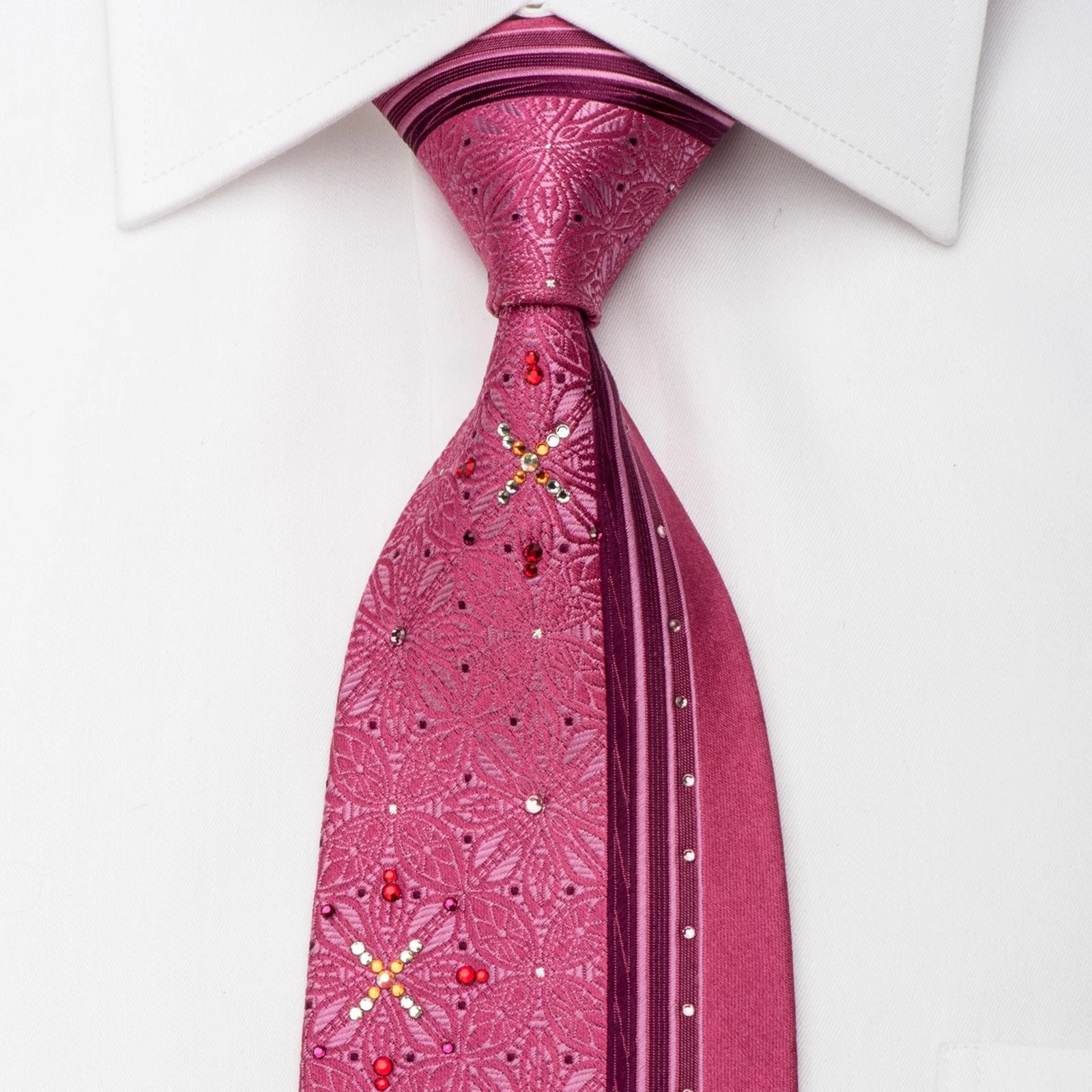 Pierre Cardin Rhinestone Silk Necktie Floral On Pink With Silver Sparkles