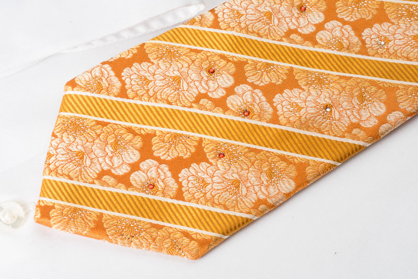 Pierre Cardin Rhinestone Silk Necktie Floral & Stripes On Orange With Sparkles - Image 4