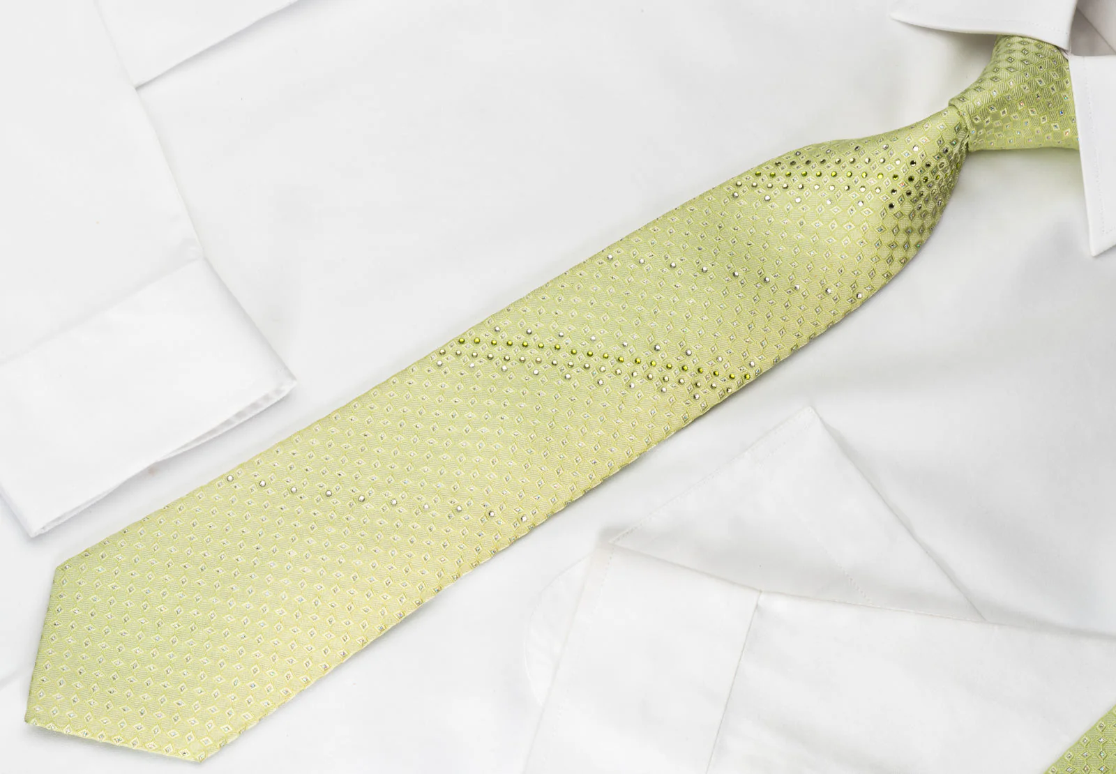 Pierre Cardin Rhinestone Silk Necktie Geometric On Green With Silver Sparkles - Image 4