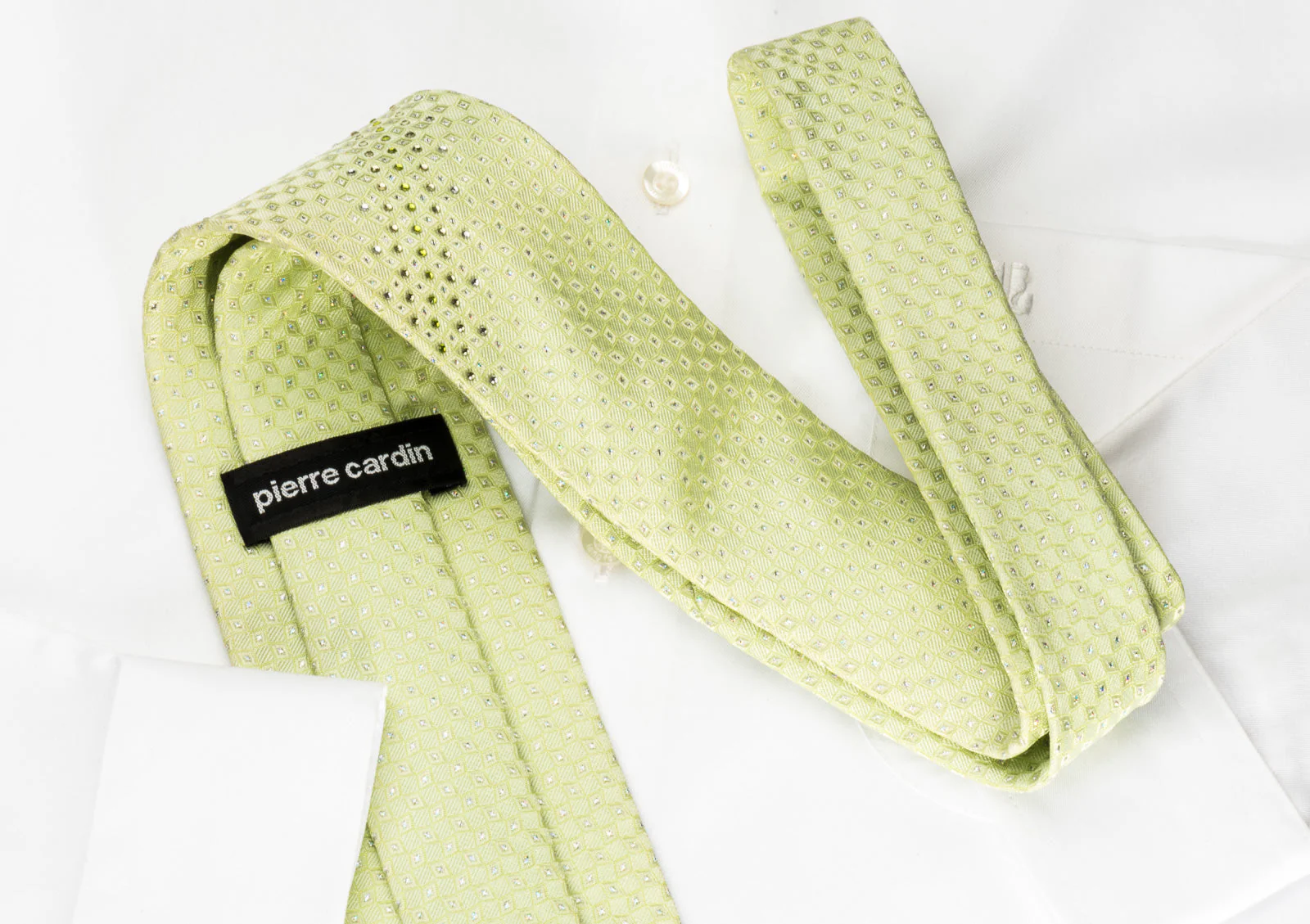 Pierre Cardin Rhinestone Silk Necktie Geometric On Green With Silver Sparkles - Image 7