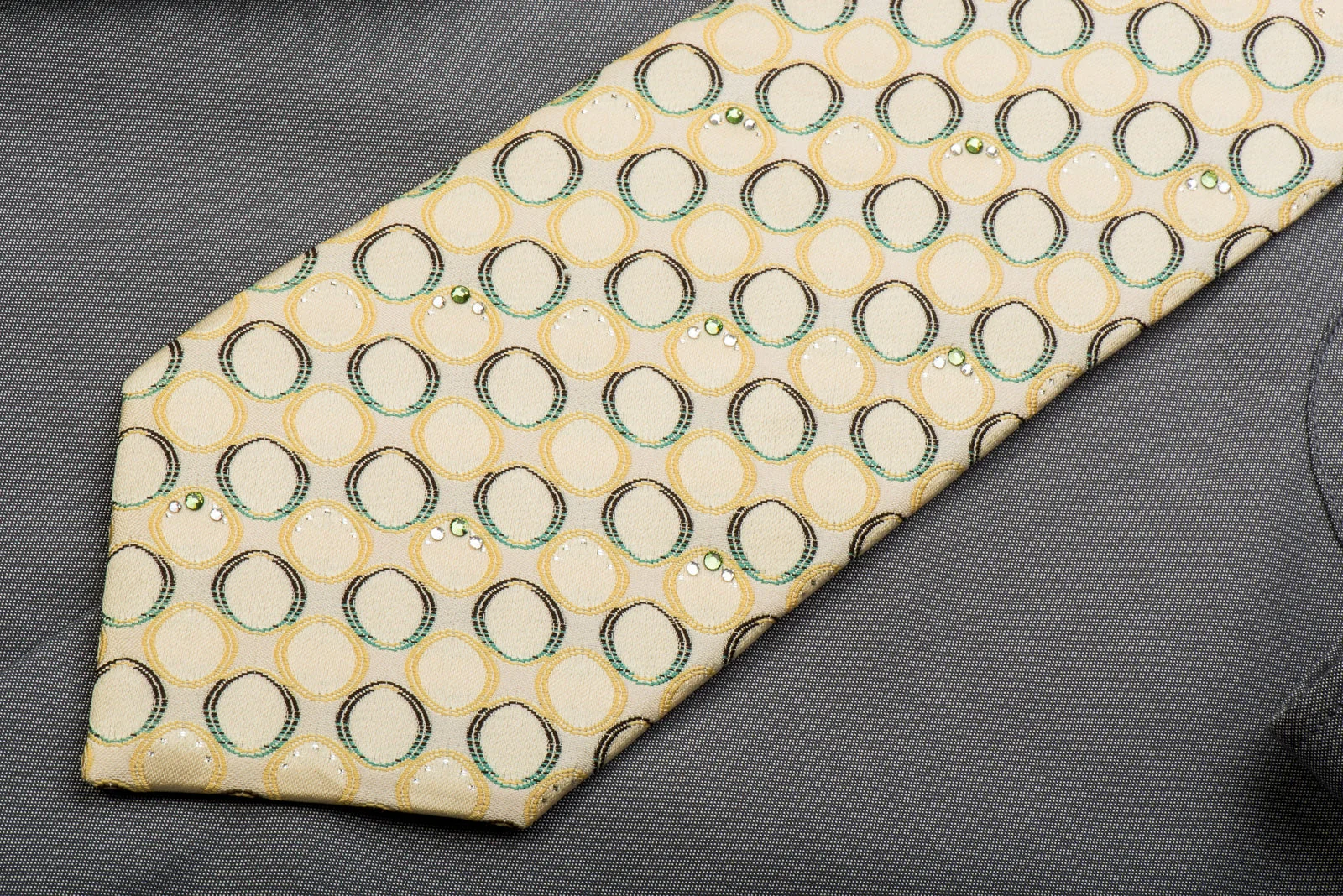 Pierre Cardin Rhinestone Silk Necktie Geometric On Pale Yellow With Silver Sparkles - Image 2