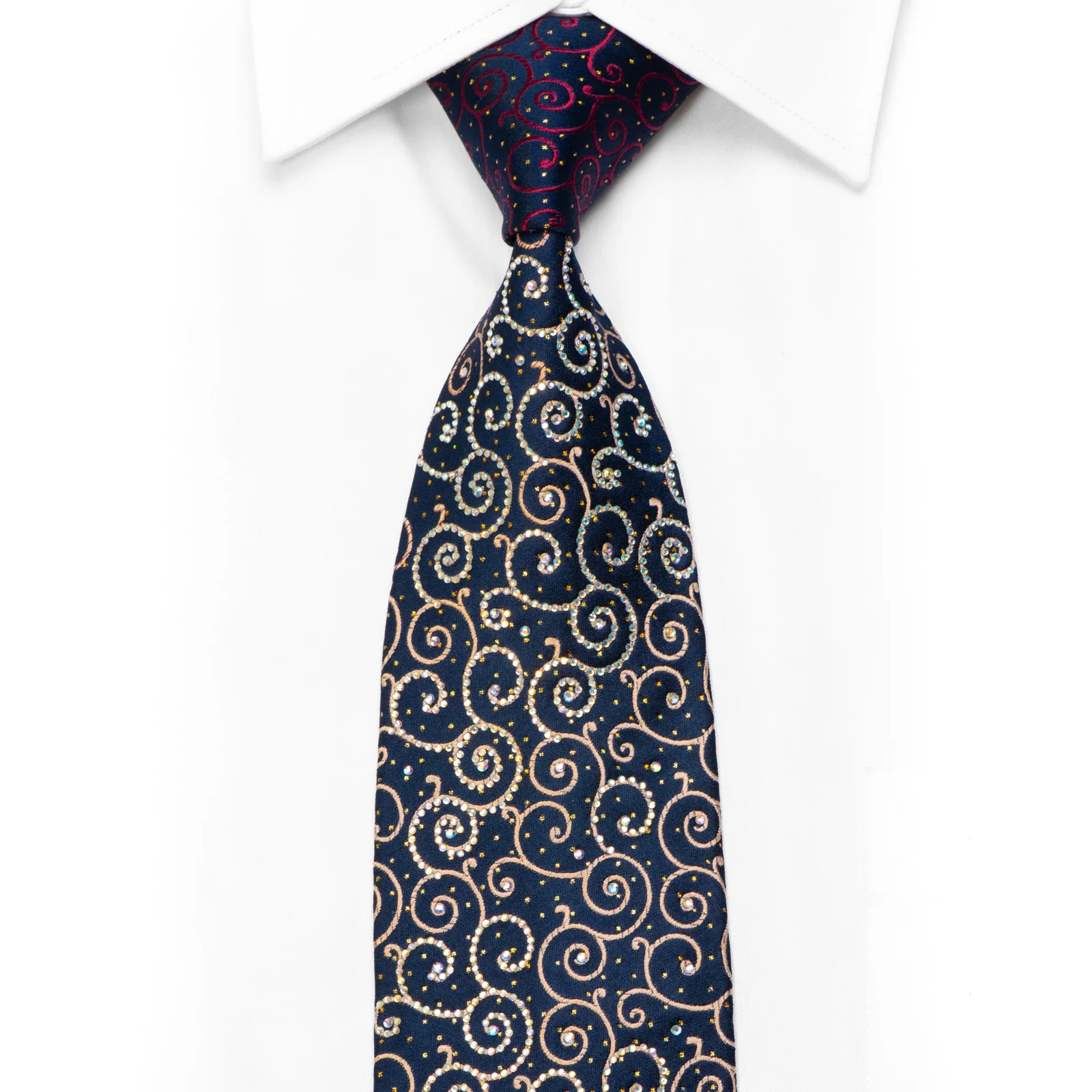 Pierre Cardin Rhinestone Silk Necktie Gold Red Scrolls On Navy With Sparkles