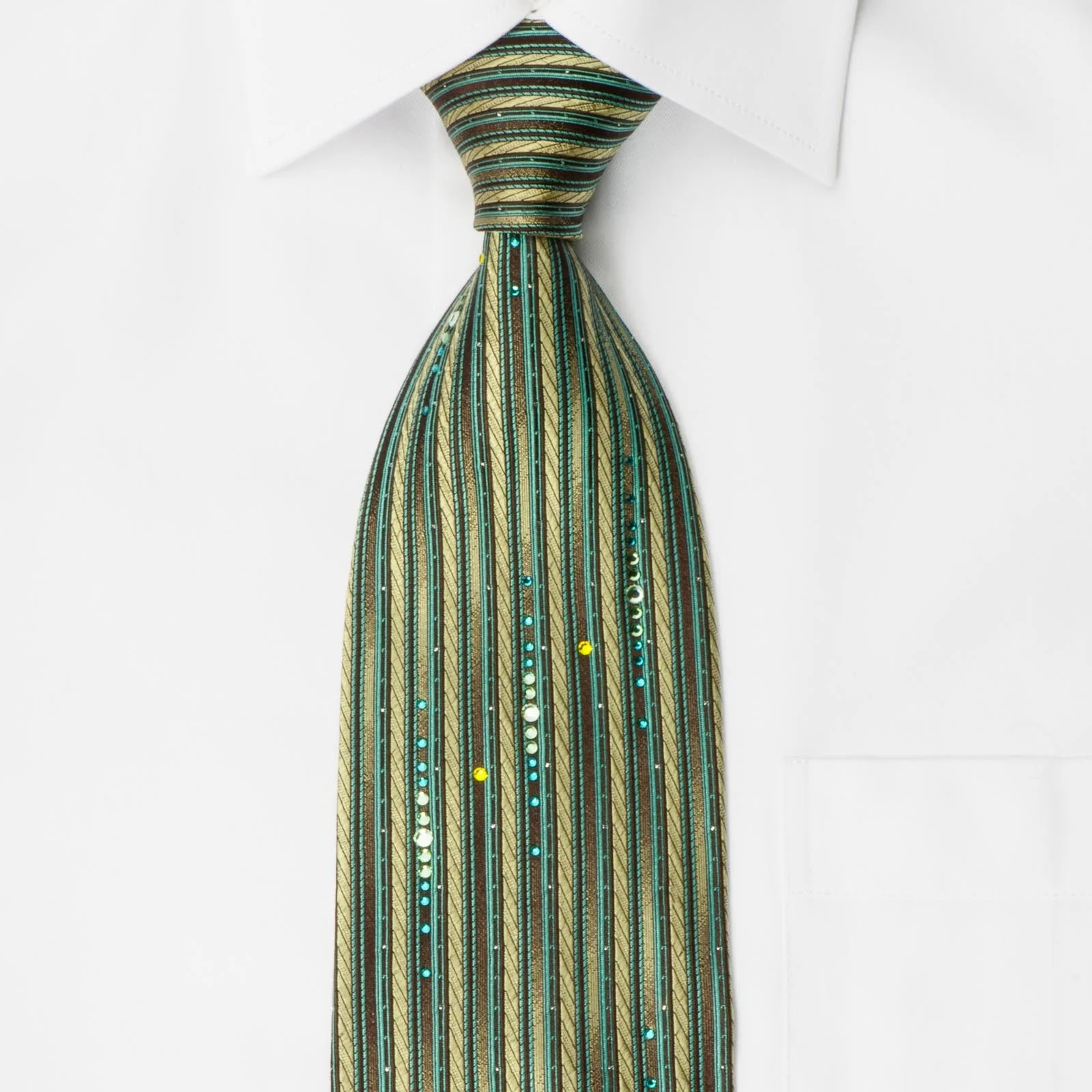 Pierre Cardin Rhinestone Silk Necktie Green Brown Vertical Stripes With Silver Sparkles - Image 2