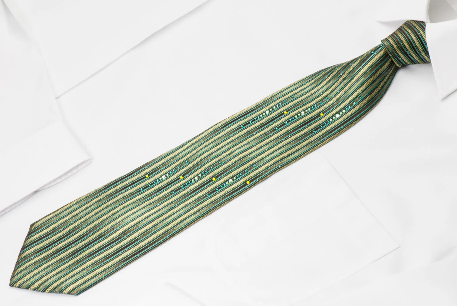 Pierre Cardin Rhinestone Silk Necktie Green Brown Vertical Stripes With Silver Sparkles - Image 3