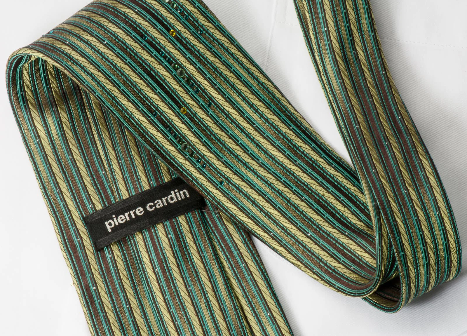 Pierre Cardin Rhinestone Silk Necktie Green Brown Vertical Stripes With Silver Sparkles - Image 4