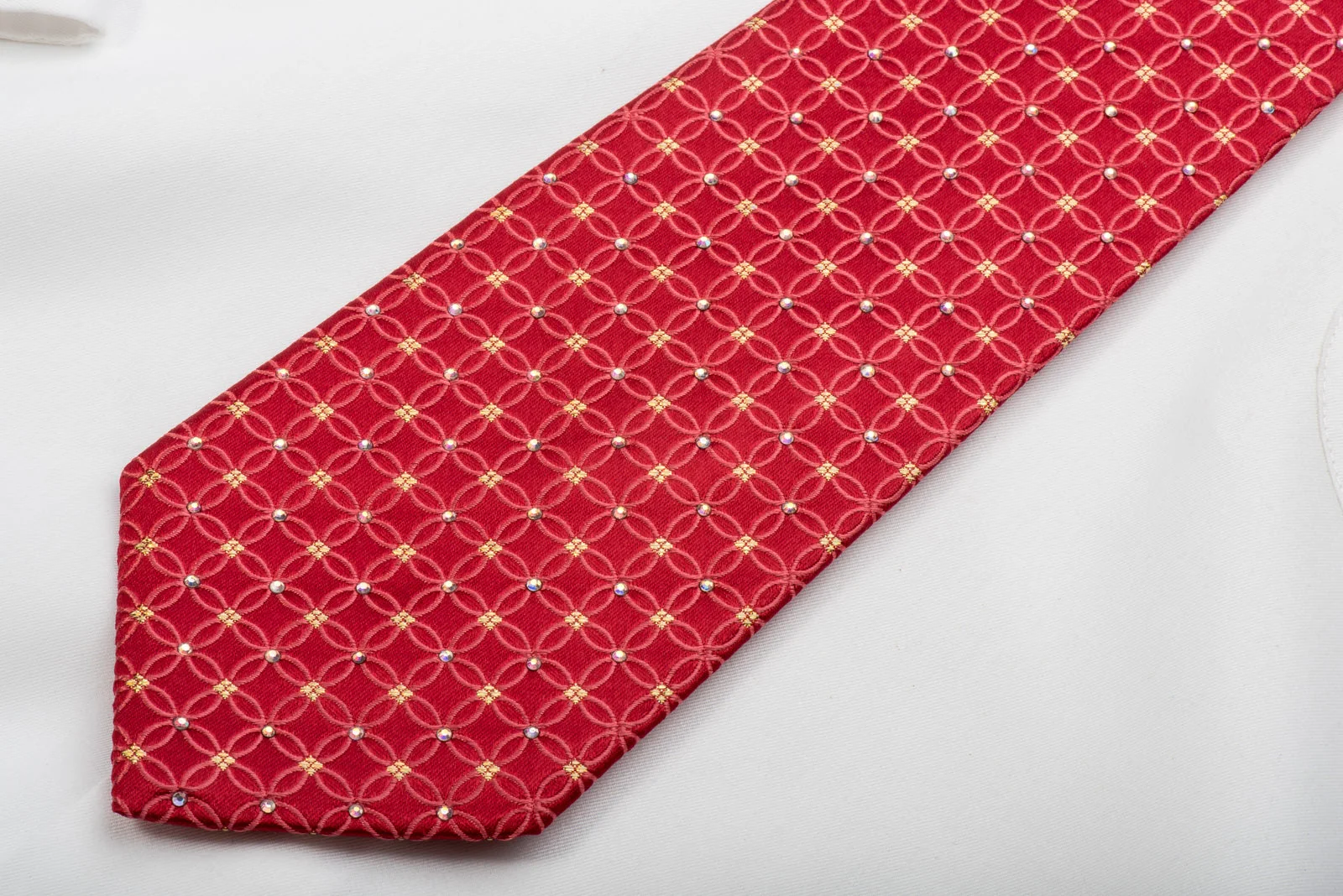 Pierre Cardin Rhinestone Silk Necktie Interlocking Circles On Red With Gold Sparkles - Image 2