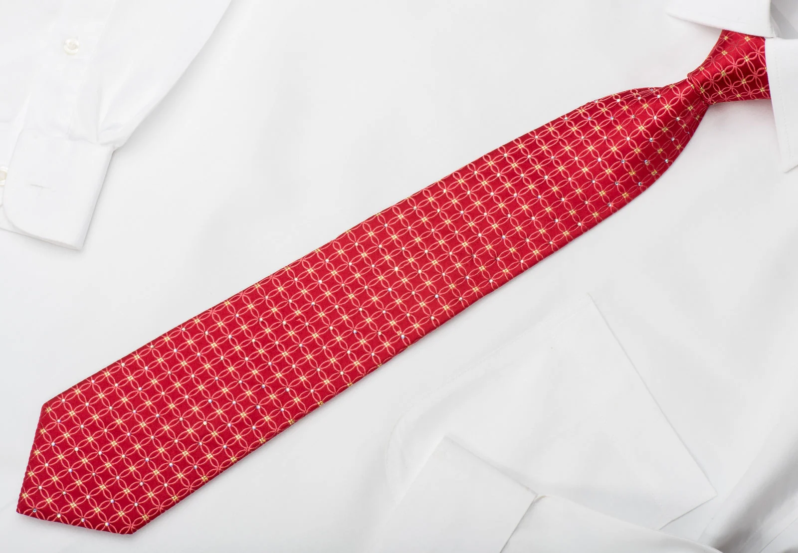 Pierre Cardin Rhinestone Silk Necktie Interlocking Circles On Red With Gold Sparkles - Image 5
