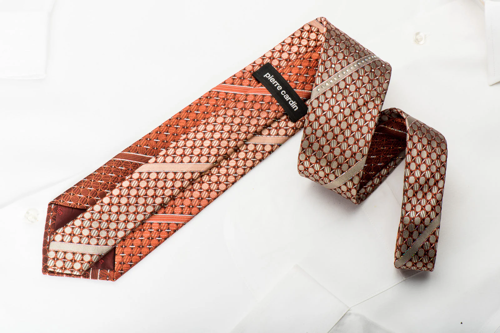 Pierre Cardin Rhinestone Silk Necktie Orange Dots On Brown With Silver Sparkles - Image 4