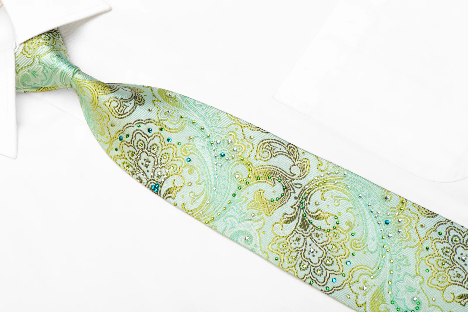 Pierre Cardin Rhinestone Silk Necktie Paisley On Green - Image 2