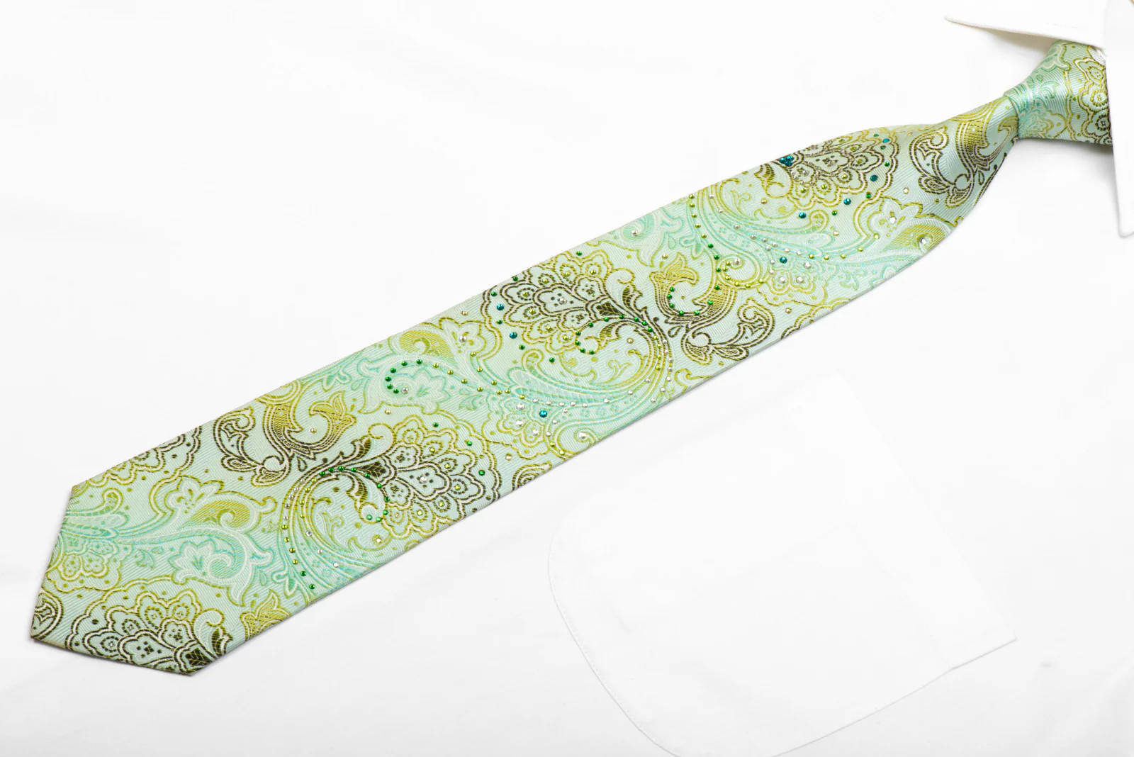 Pierre Cardin Rhinestone Silk Necktie Paisley On Green - Image 3