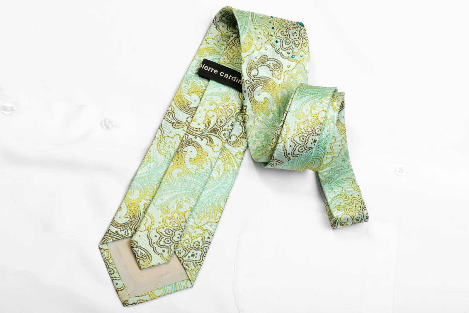 Pierre Cardin Rhinestone Silk Necktie Paisley On Green - Image 4
