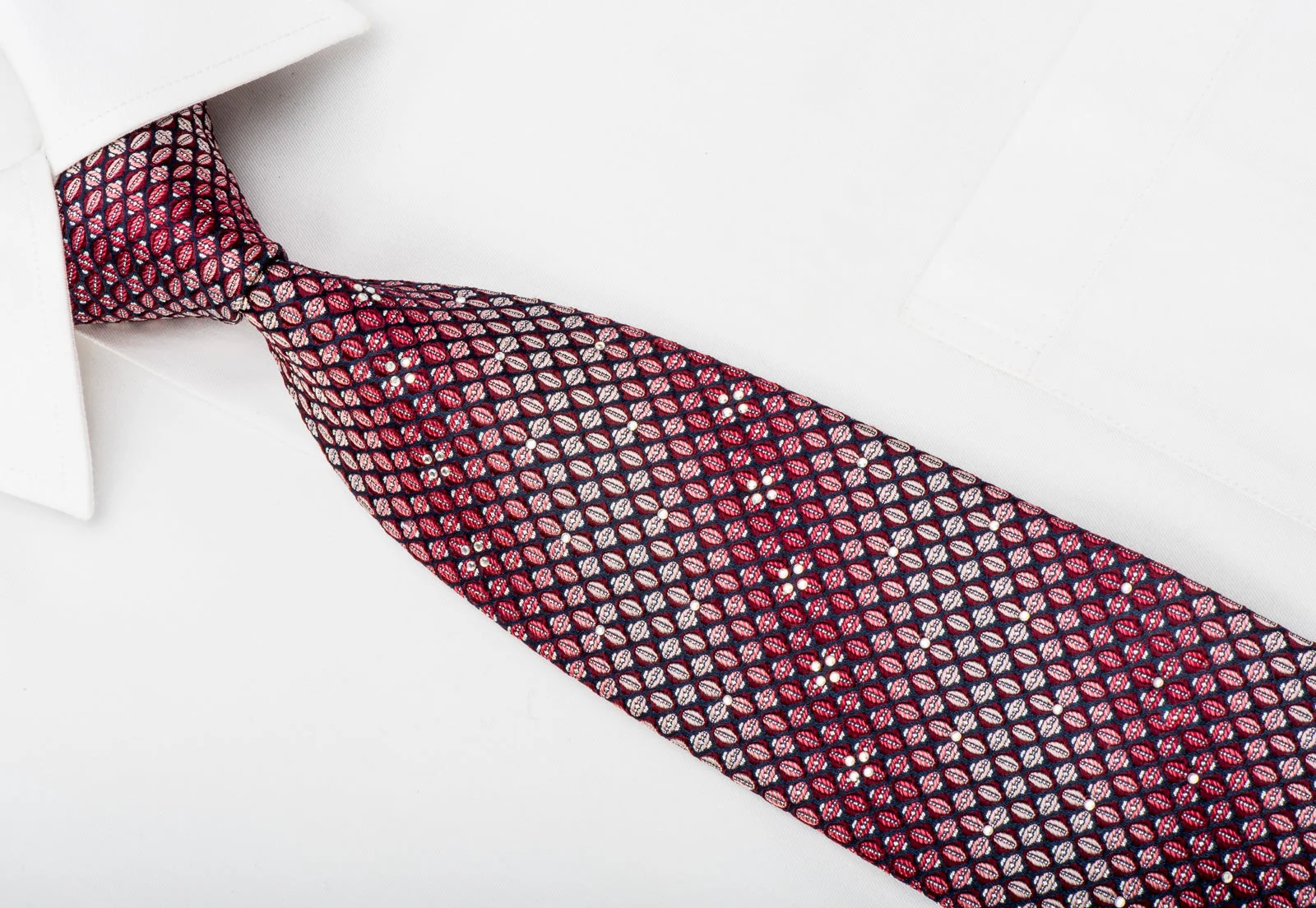 Pierre Cardin Rhinestone Silk Necktie Pink Burgundy Dots On Navy With Silver Sparkles - Image 2