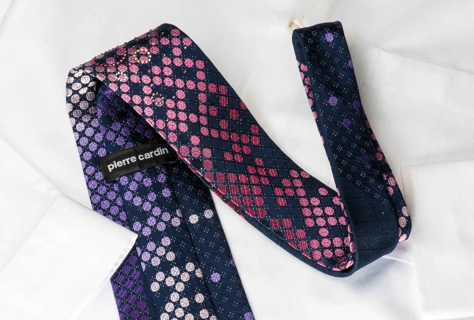 Pierre Cardin Rhinestone Silk Necktie Pink Purple Dots On Blue With Silver Sparkles - Image 3
