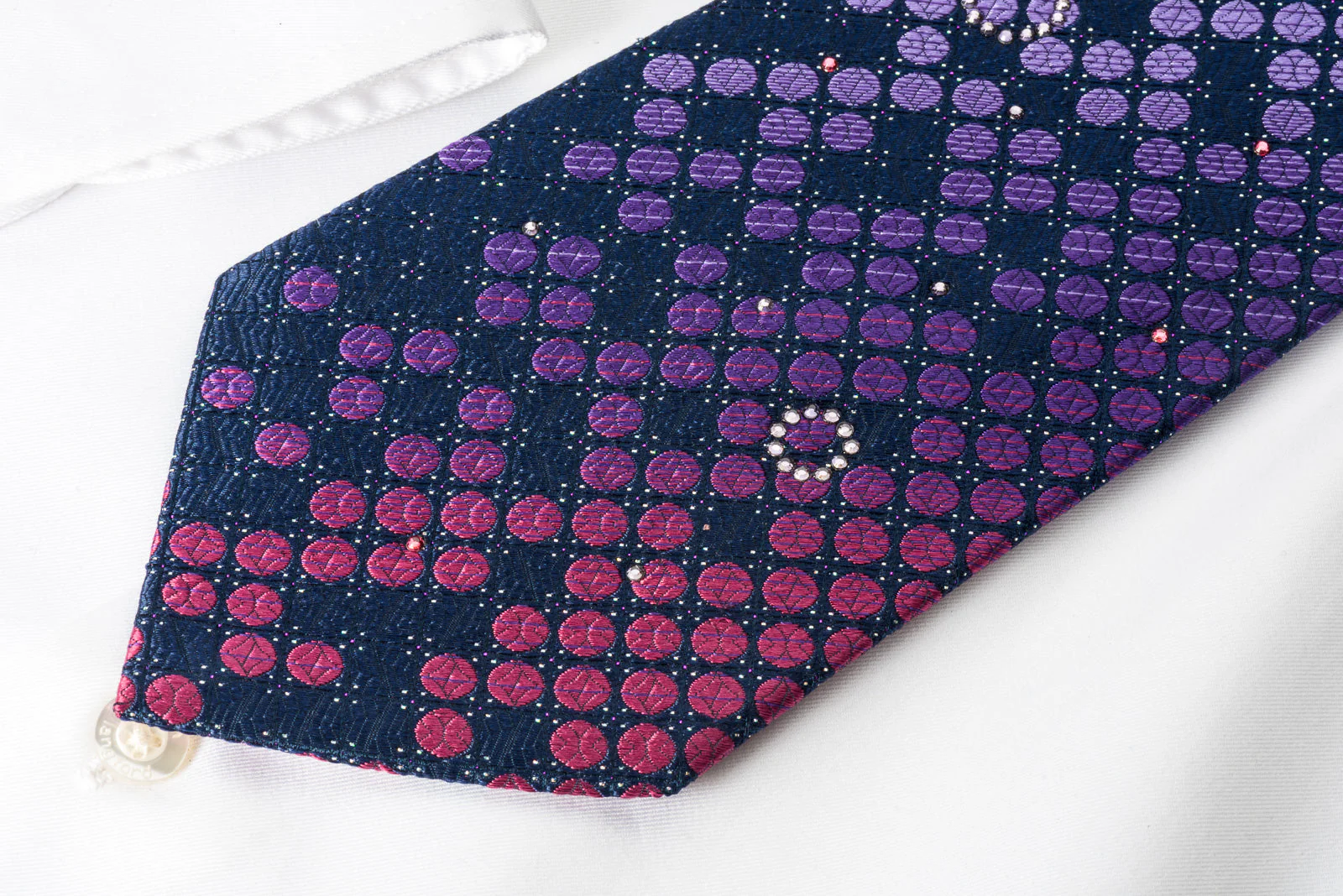 Pierre Cardin Rhinestone Silk Necktie Pink Purple Dots On Blue With Silver Sparkles - Image 6