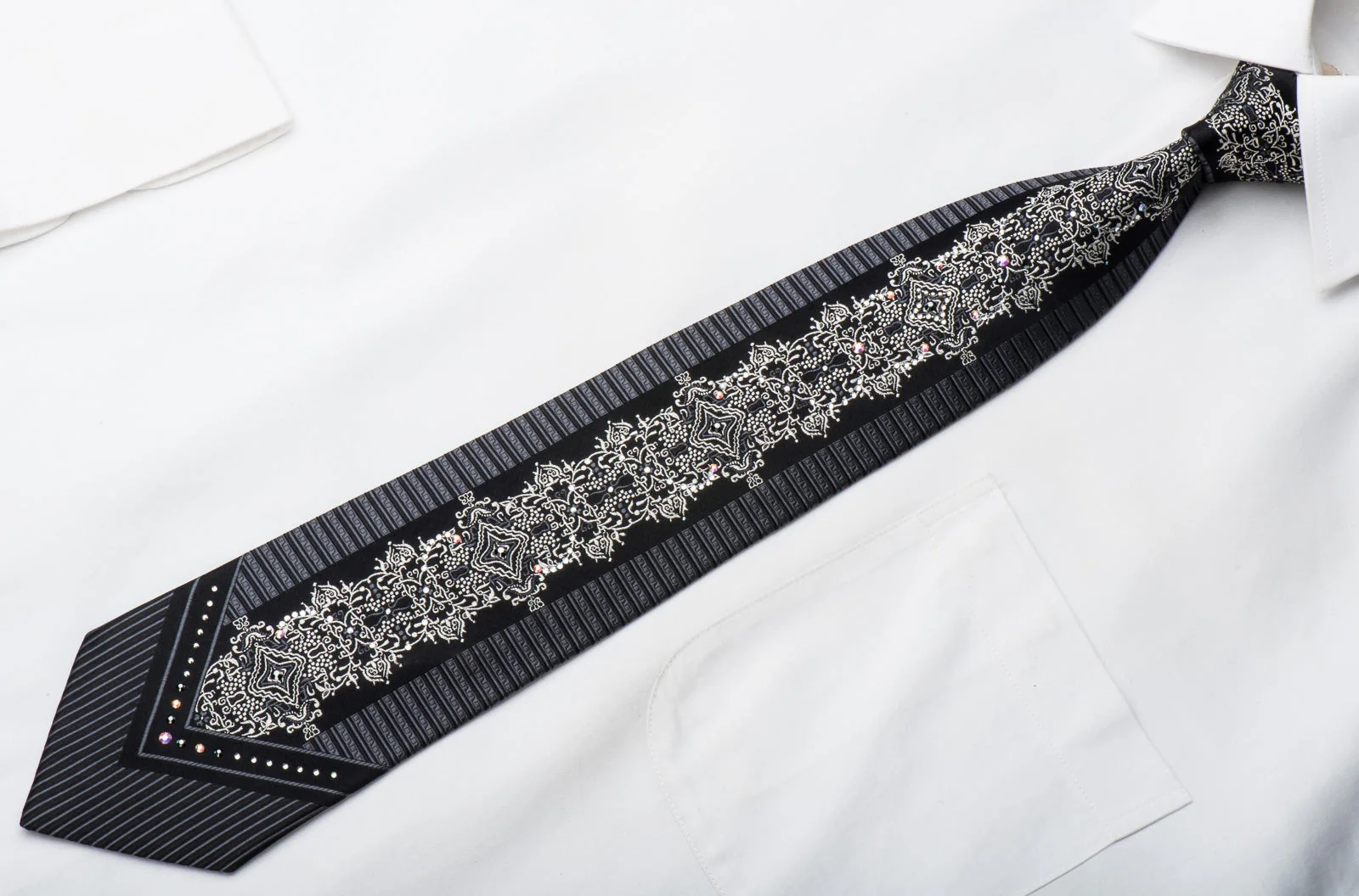 Black Rhinestone Silk Necktie Silver Damask On Black With Silver Sparkles - Image 3