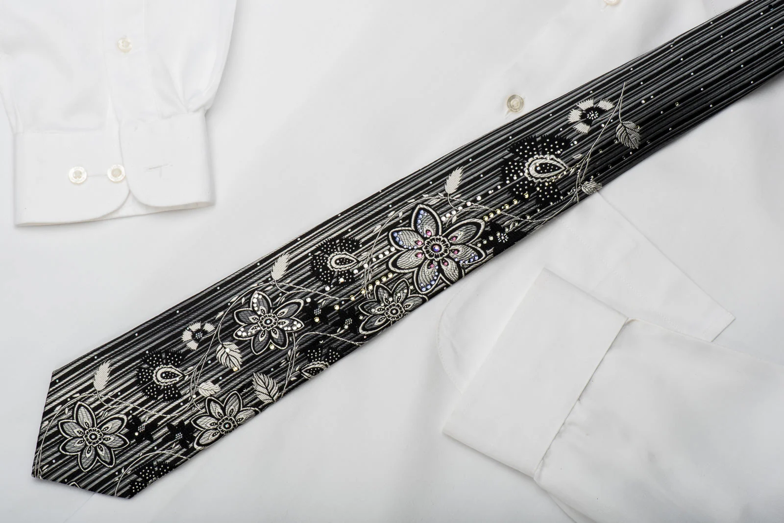 Pierre Cardin Rhinestone Silk Necktie Silver Floral On Black With Silver Sparkles - Image 4