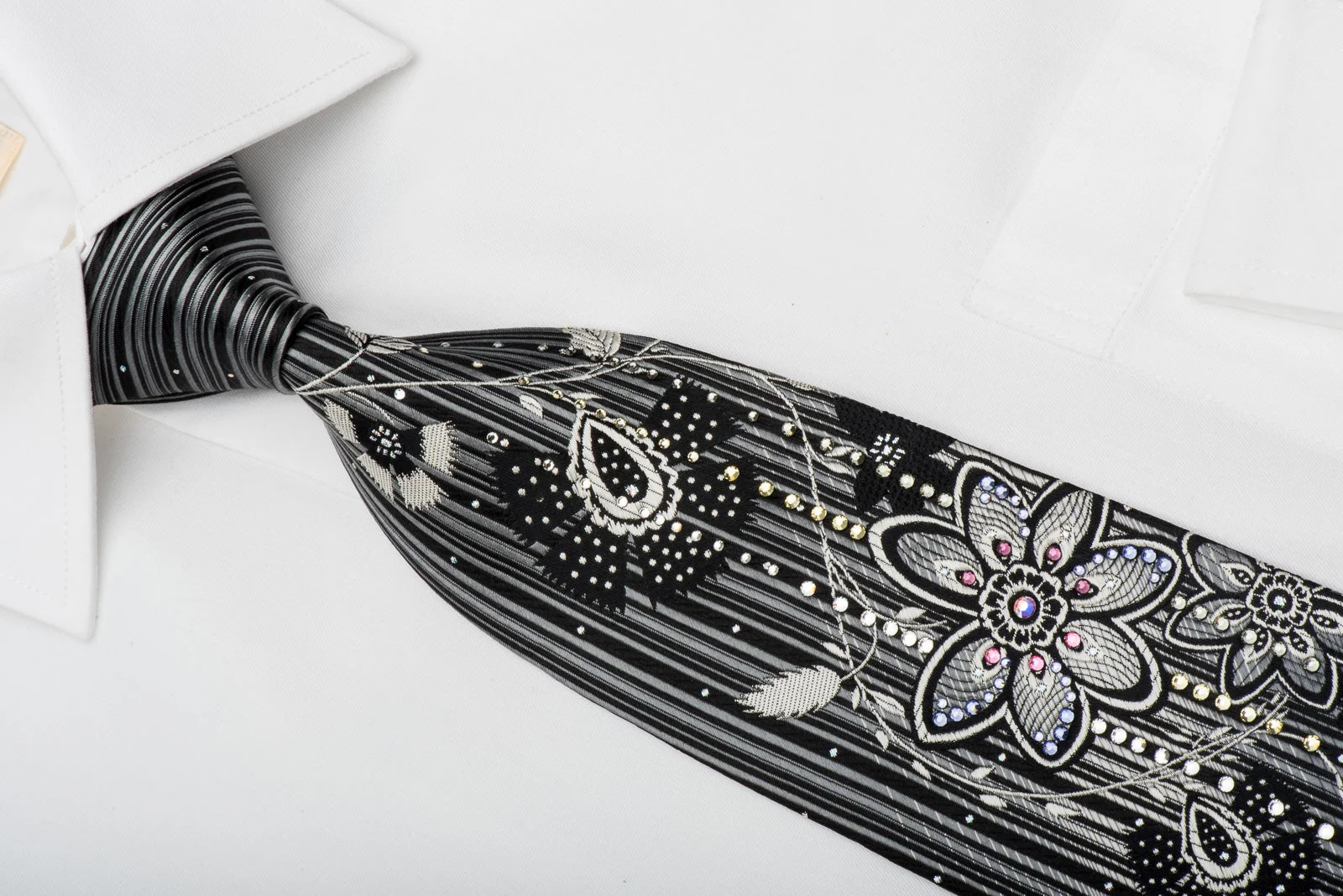 Pierre Cardin Rhinestone Silk Necktie Silver Floral On Black With Silver Sparkles - Image 5