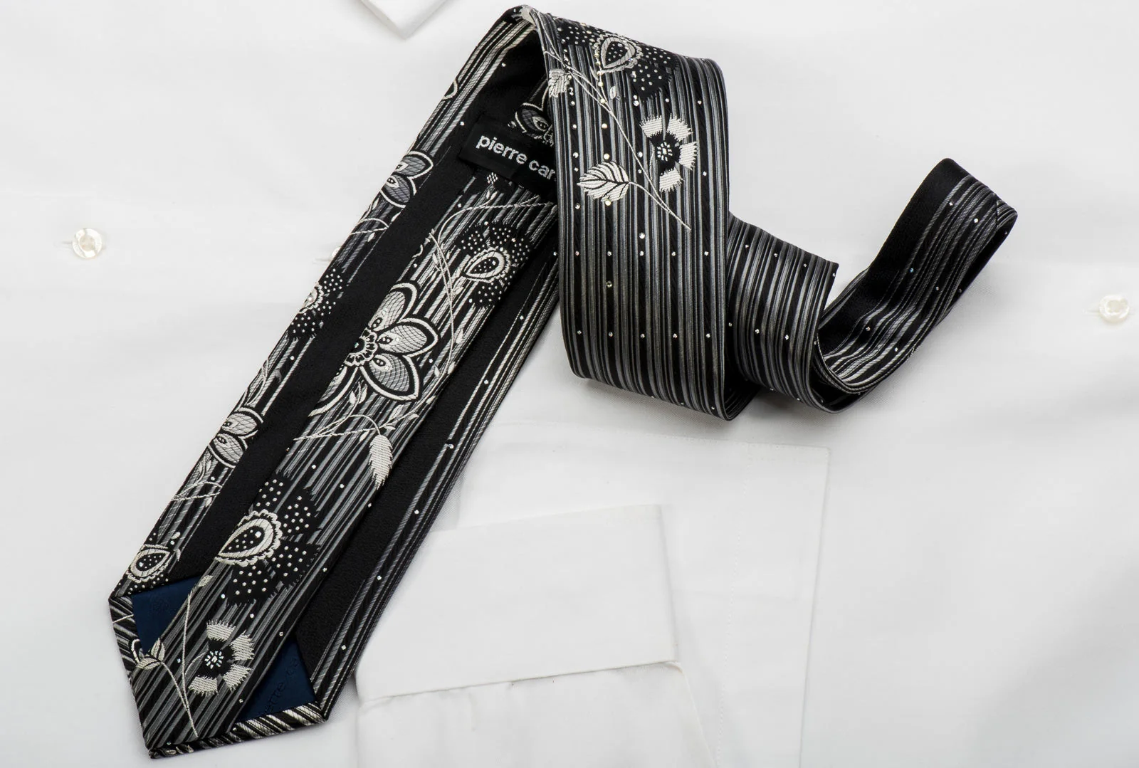 Pierre Cardin Rhinestone Silk Necktie Silver Floral On Black With Silver Sparkles - Image 6