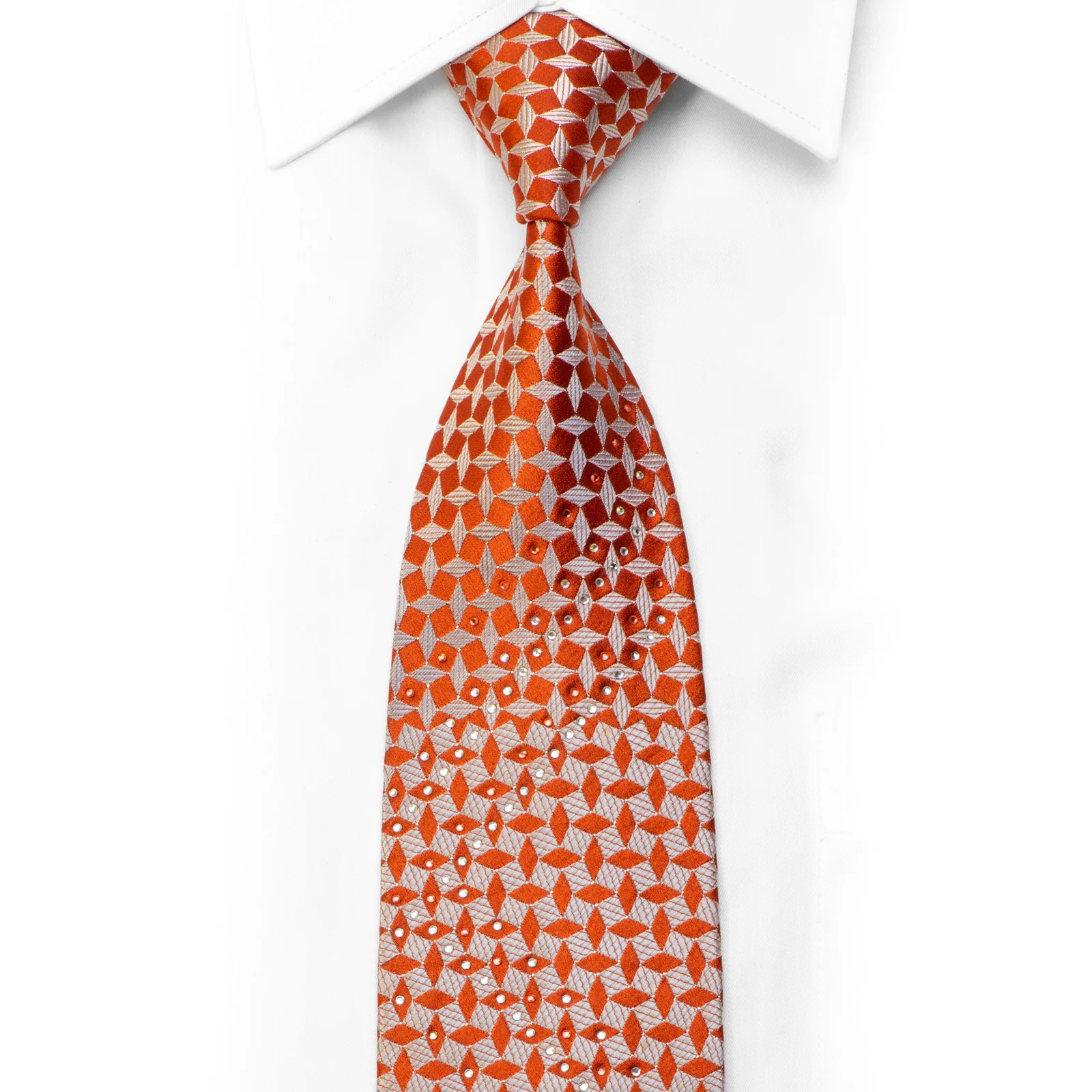 Pierre Cardin Rhinestone Silk Necktie Silver Geometric On Orange With Sparkles