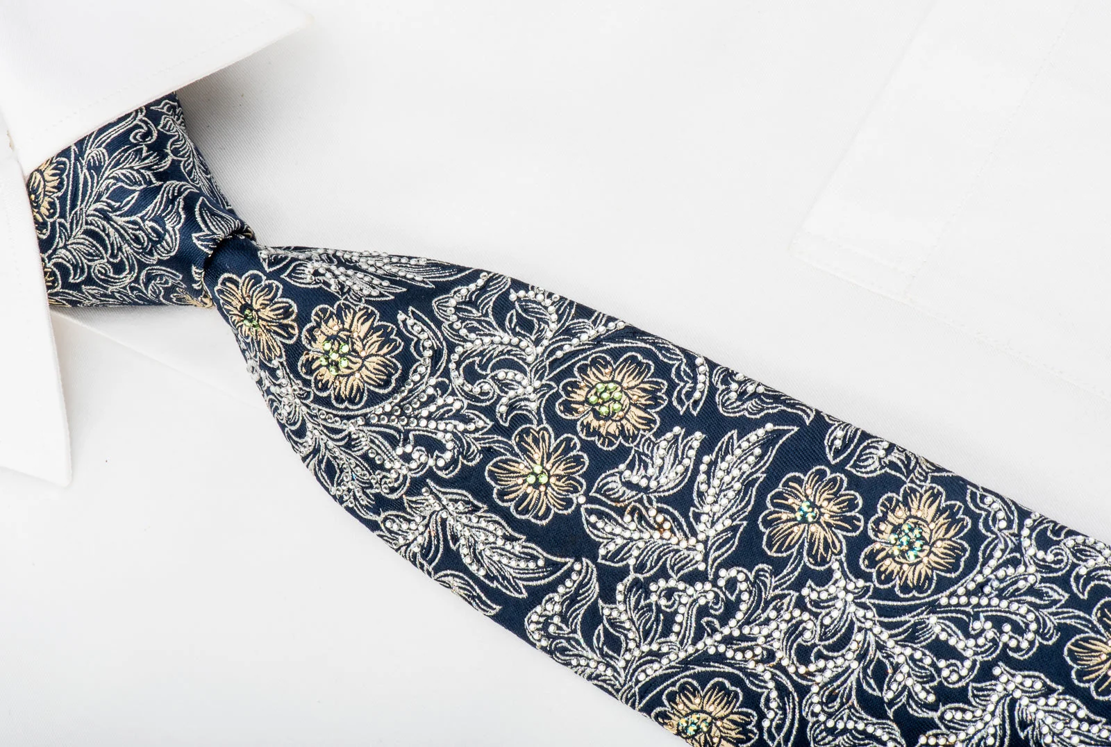 Pierre Cardin Rhinestone Silk Necktie Silver Gold Floral On Navy With Sparkles - Image 6