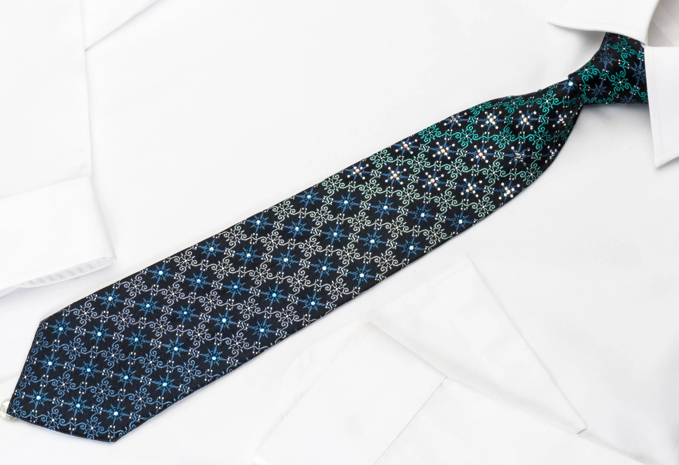 Pierre Cardin Rhinestone Silk Necktie Turquoise Cartouche On Blue With Sparkles - Image 5