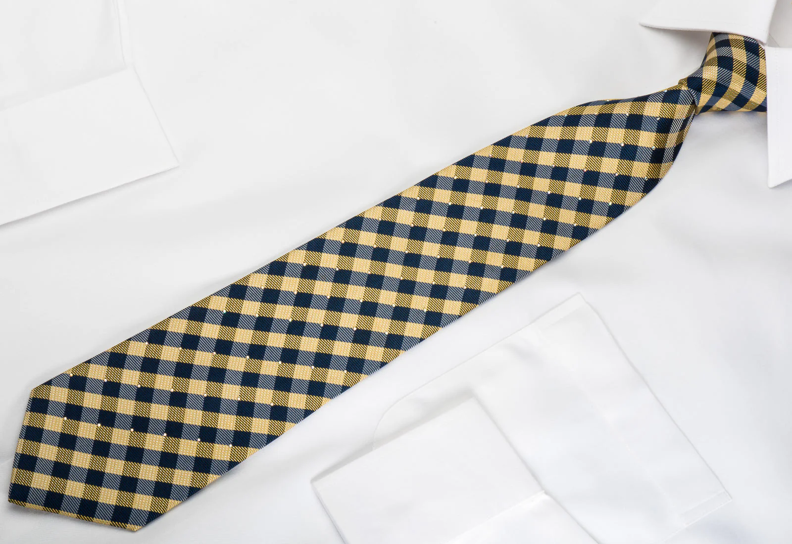 Pierre Cardin Rhinestone Silk Tie Beige Blue Plaids With Silver Sparkles - Image 3