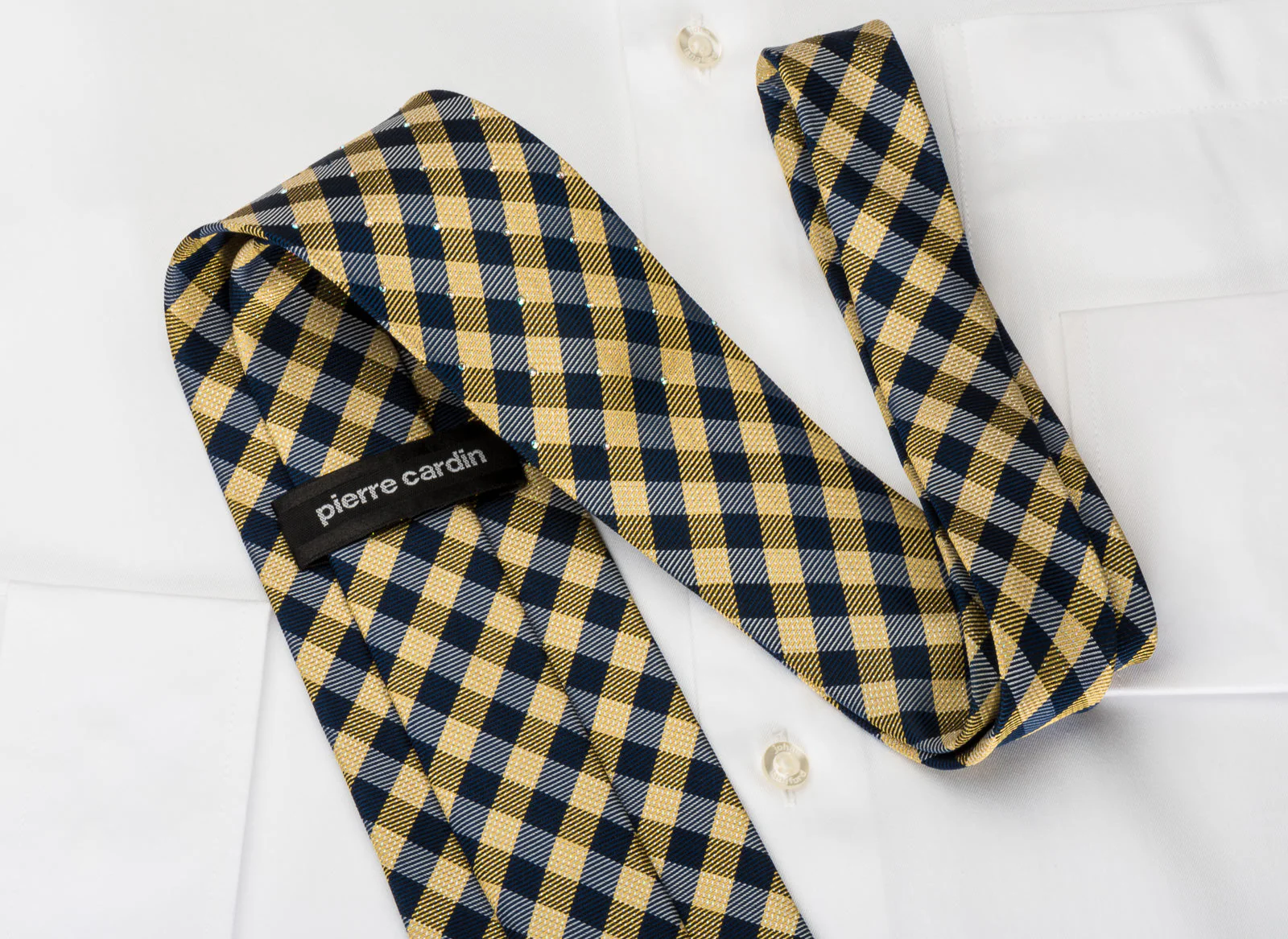 Pierre Cardin Rhinestone Silk Tie Beige Blue Plaids With Silver Sparkles - Image 5