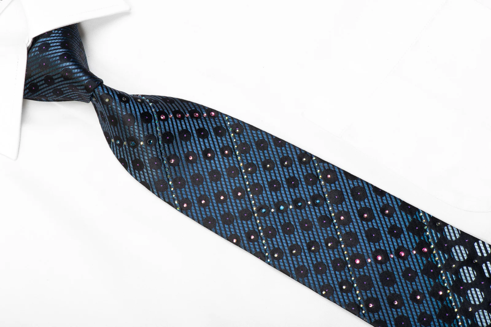 Pierre Cardin Rhinestone Silk Tie Blue Geometric On Black With Purple Sparkles - Image 2