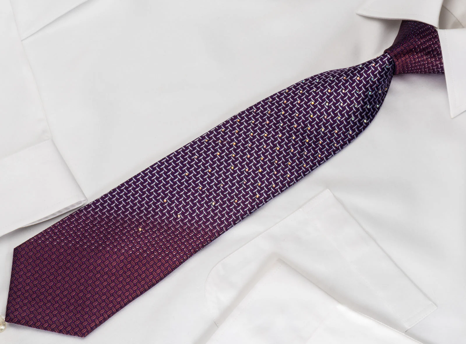 Pierre Cardin Rhinestone Silk Tie Silver Weave On Purple With Red Sparkles - Image 8